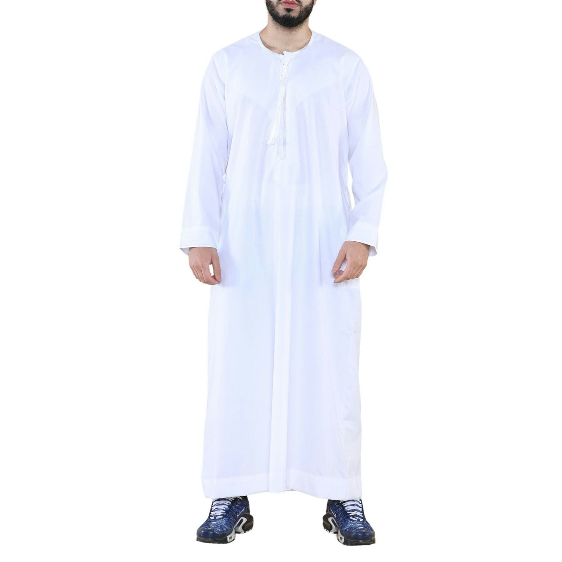 Thobez Men's White Thobe Jubba Islamic Clothing Muslim Kaftan Emirati Omani Robe Arab Tassel - Small