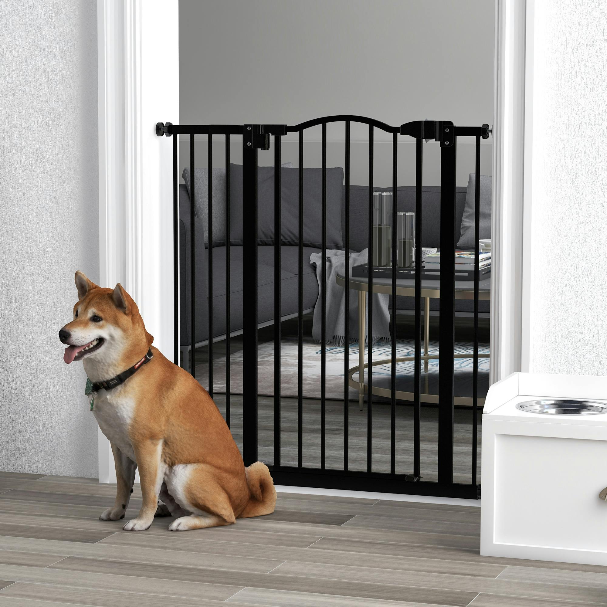 Pawhut Black Adjustable Metal Pet Gate Safety Barrier W/ Auto-Close Door - 94 X 3.5 X 94 Cm