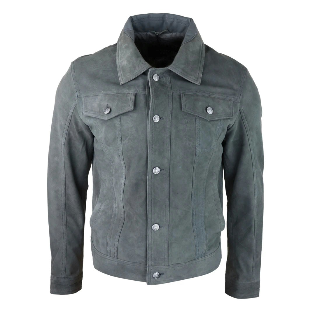 Infinity Leather Men's Grey Leather Company Genuine Suede Jacket Leather Jeans Denim Short Biker Classic Vintage - 4XL