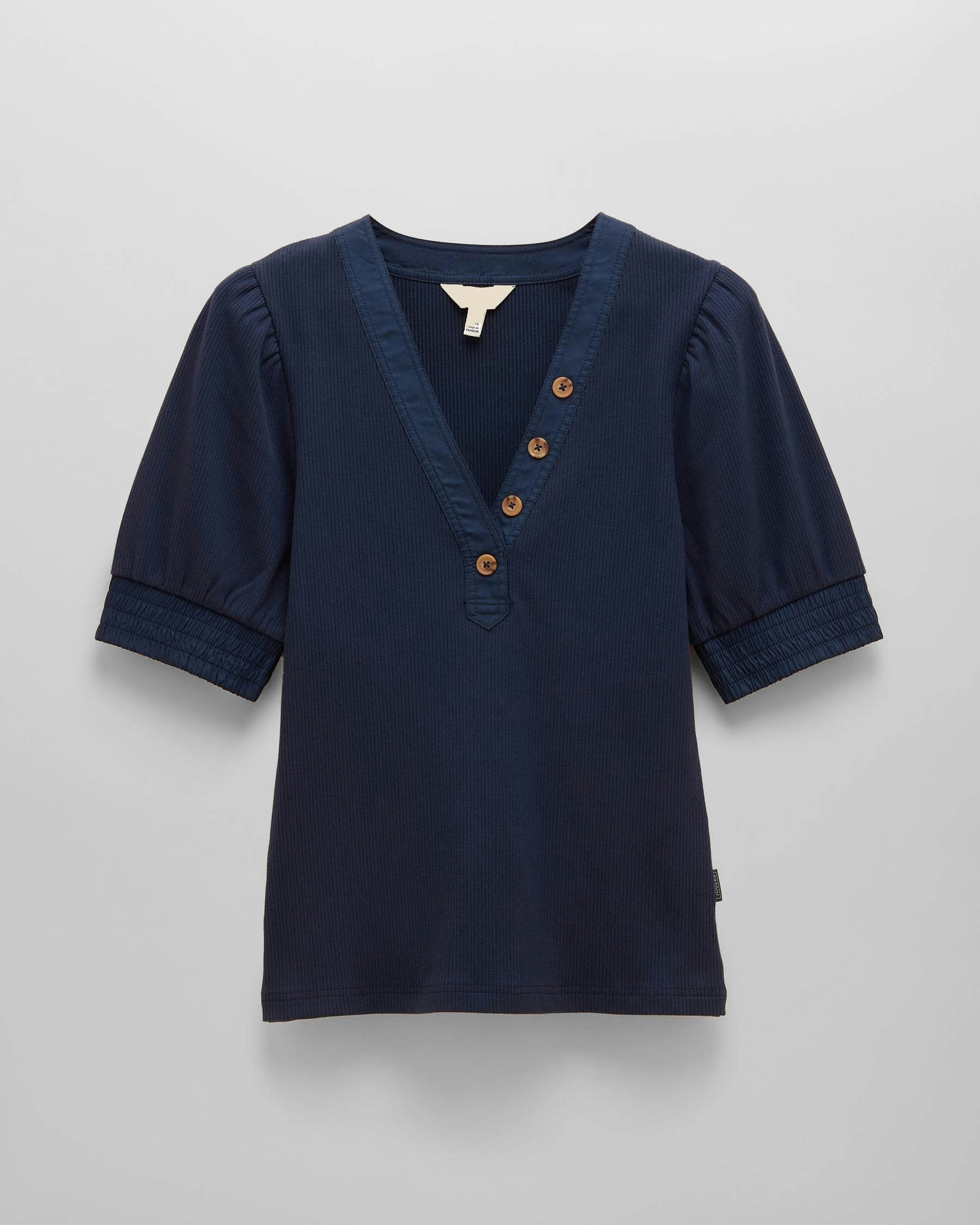 Cho Women's Joules Tabitha Ribbed V-Neck Top With Puff Sleeves - Navy - Navy - Uk16 Eu44 Us12