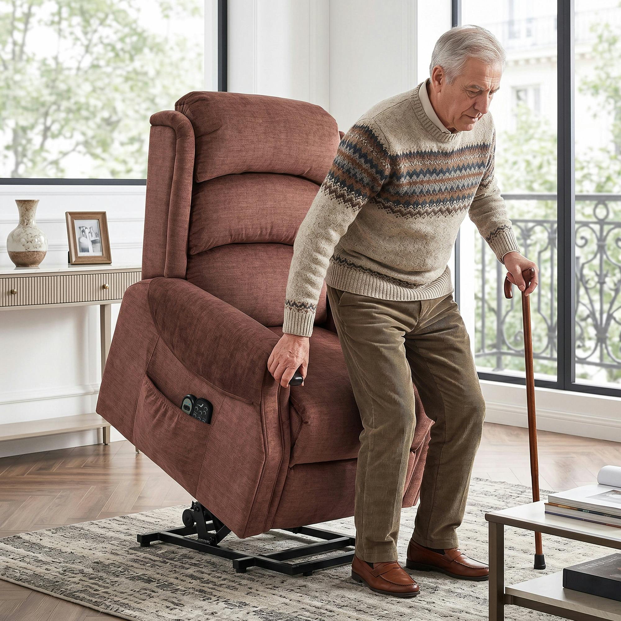 Rackhams Brown Power Lift Recliner Chair With Vibration And Heat, Wood Grip,