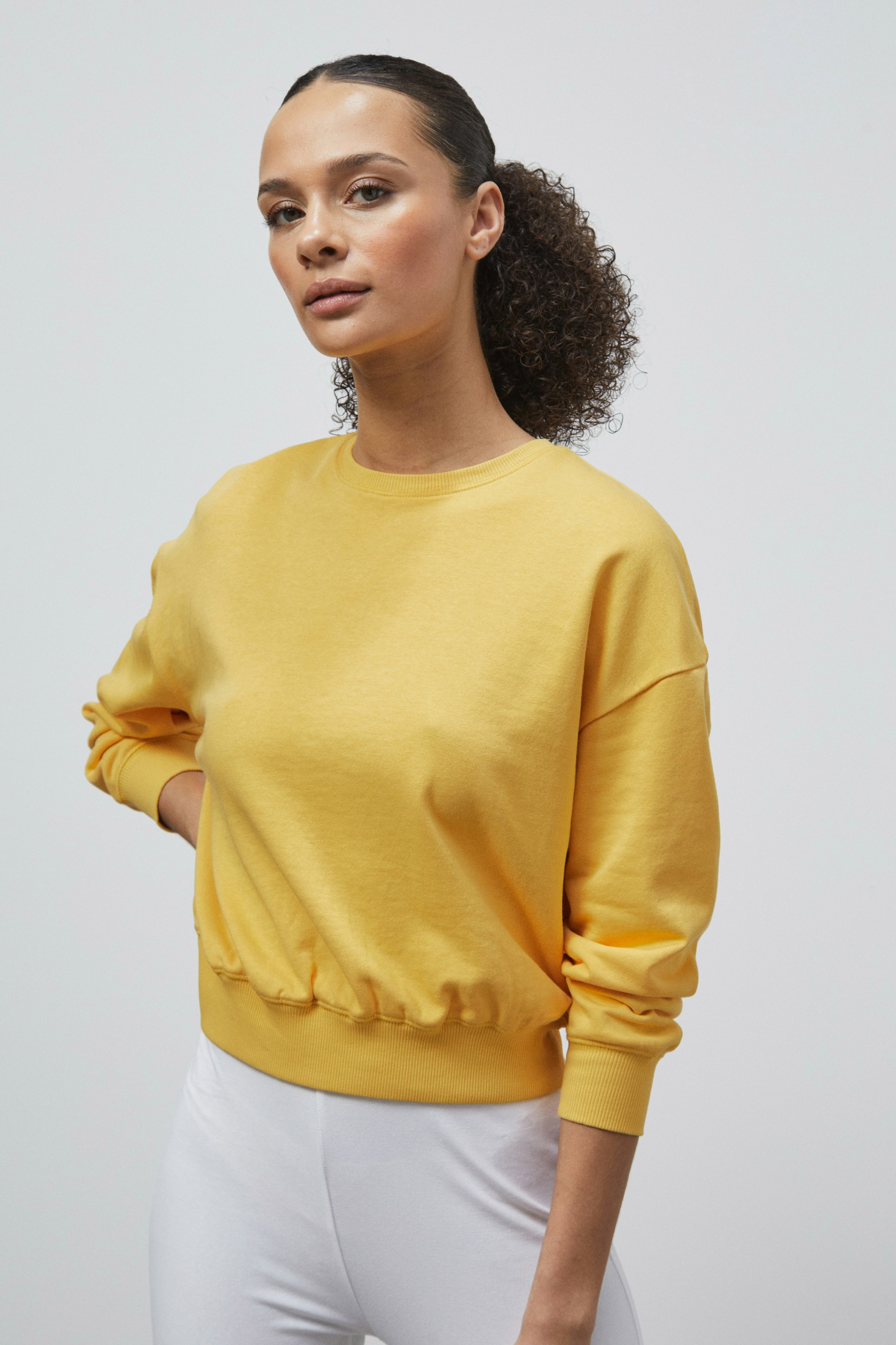Enorsia Yellow Ribbed Hem Cropped Sweatshirt - 12 - 77% Cotton, 23% Polyester