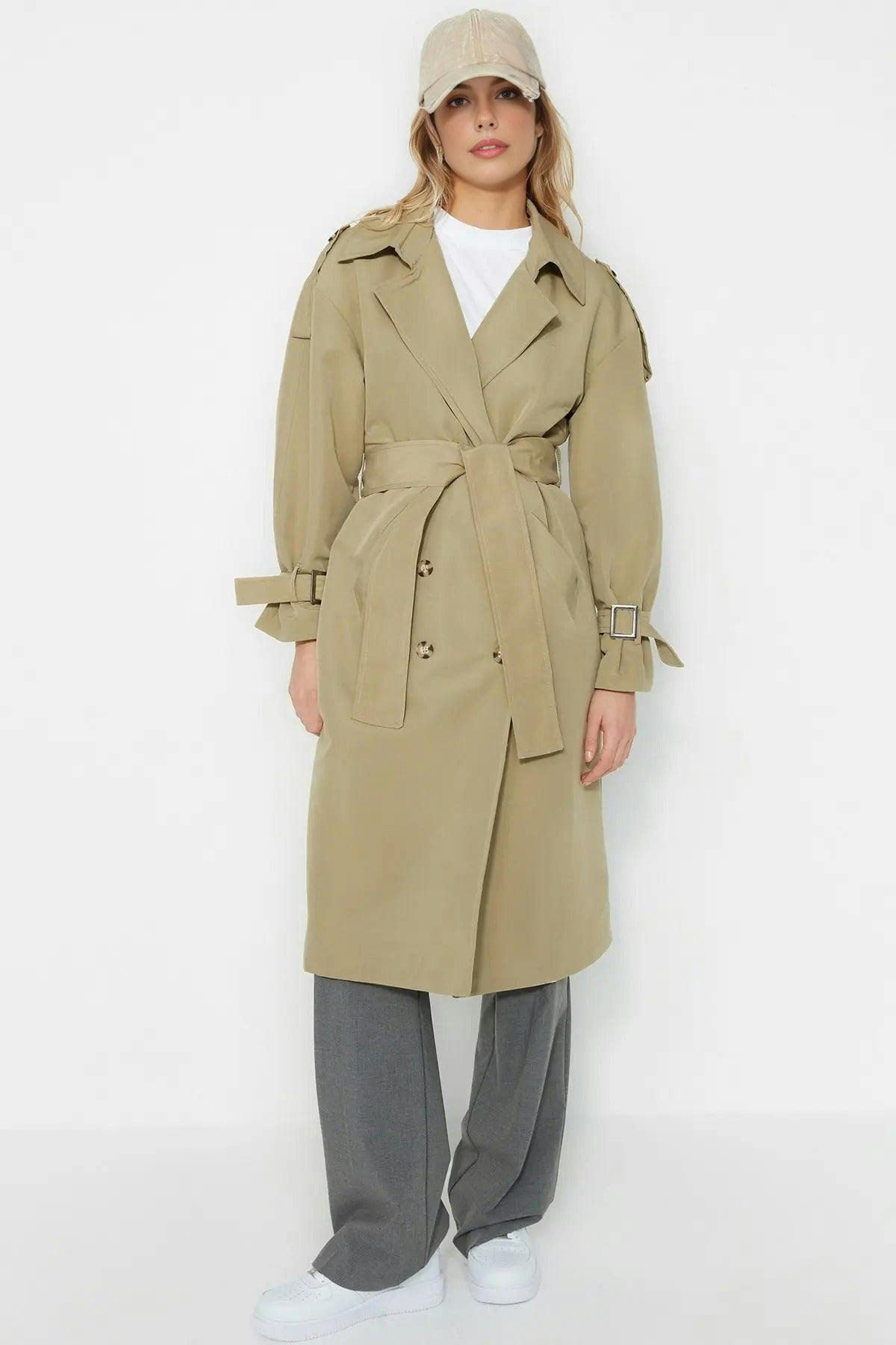 Wovcor Oversize Belted Water Resistant Long Trench Coat - Khaki - 14