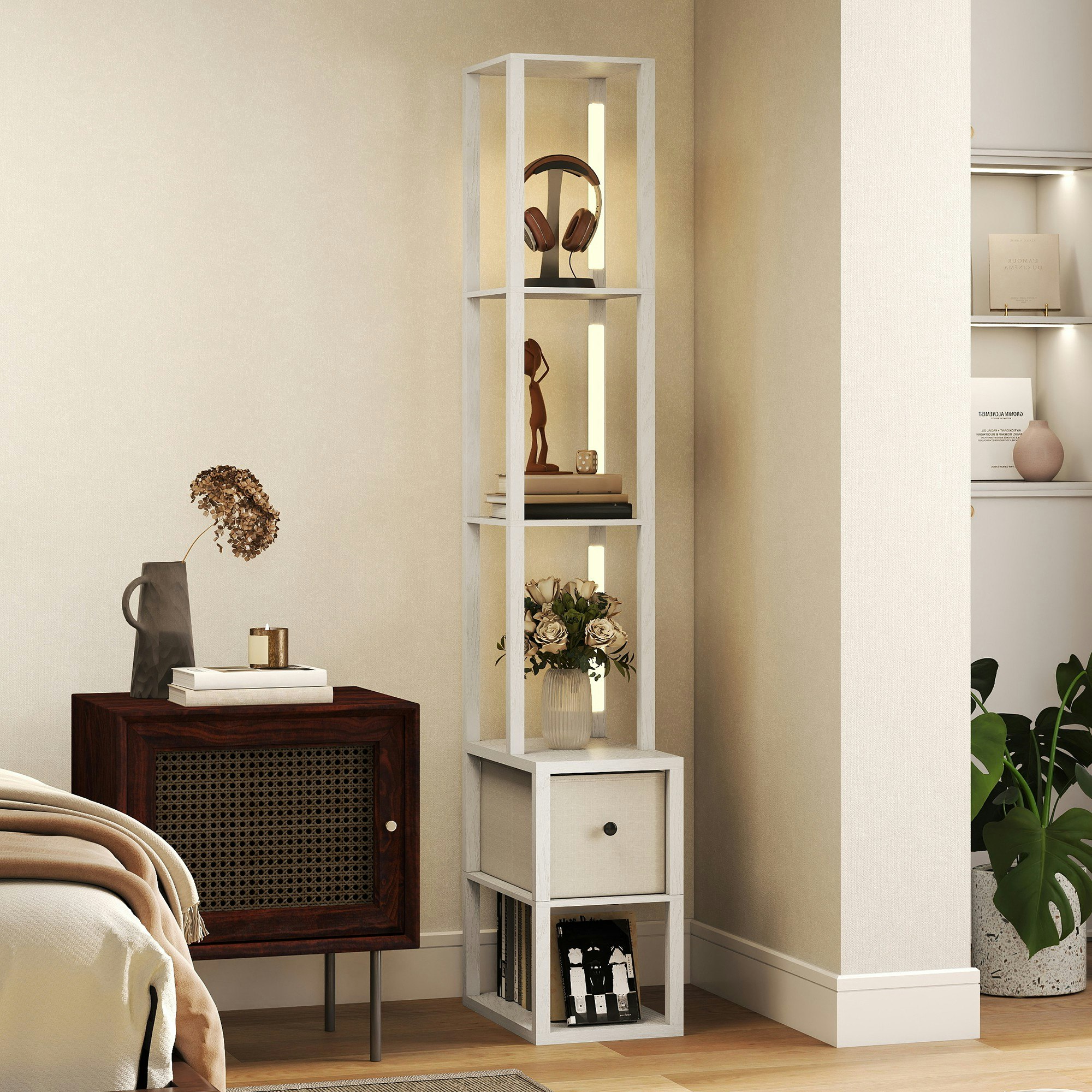Rackhams White Floor Lamp With Shelves, Led Standing Lamp With Fabric Drawer, Oak