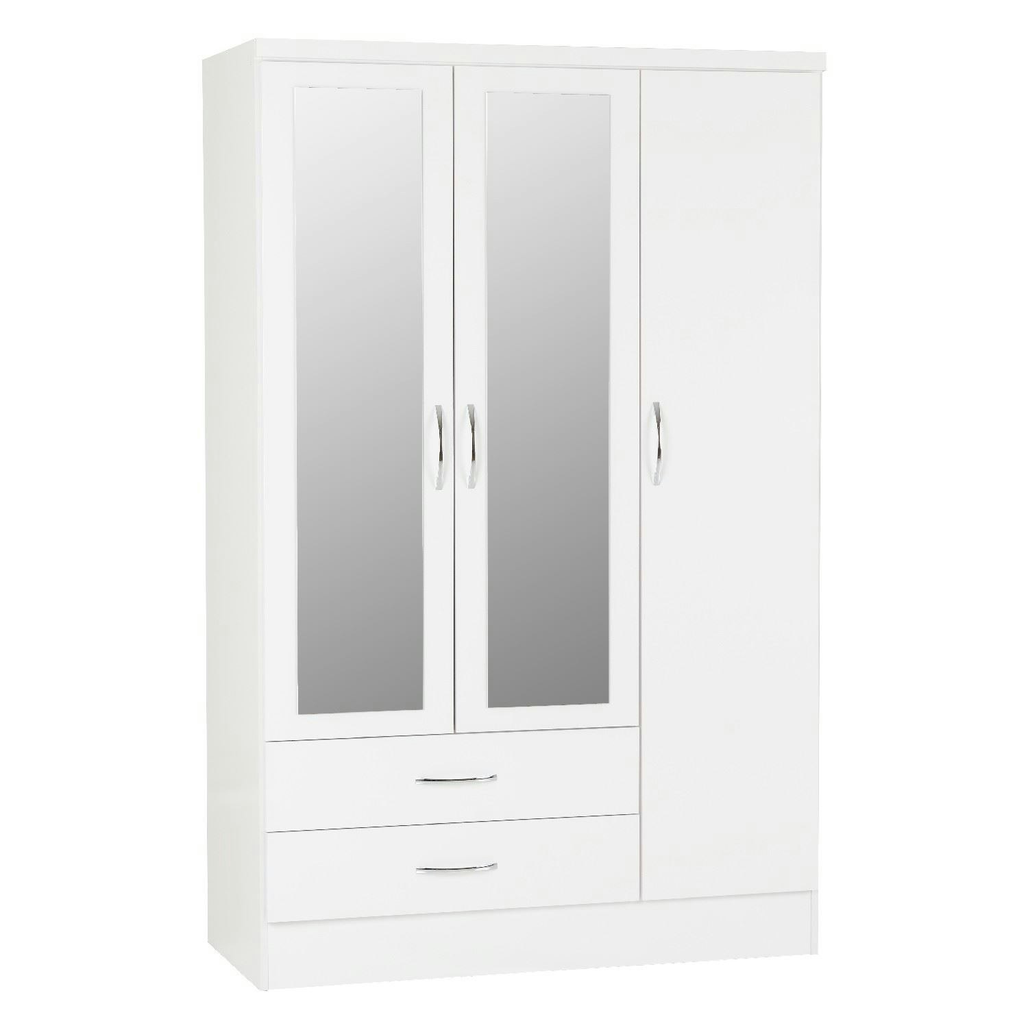 Seconique White Nevada 3 Door 2 Drawer Mirrored Wardrobe - Gloss