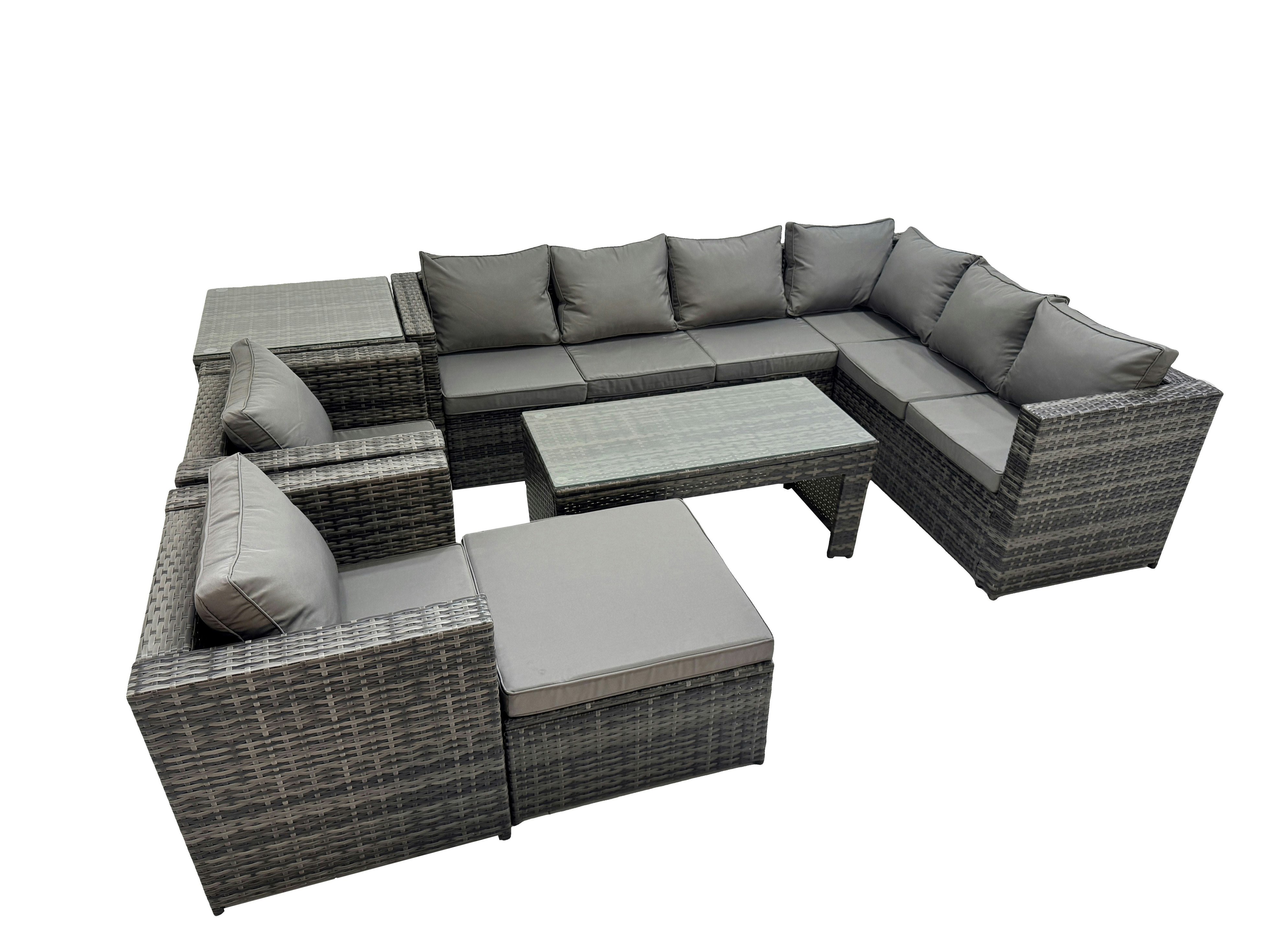 Fimous Dark/Grey Outdoor Rattan Oblong Coffee Table Corner Sofa Sets Garden Furniture Set With 2 Chairs Big Stool Side Table Mixed