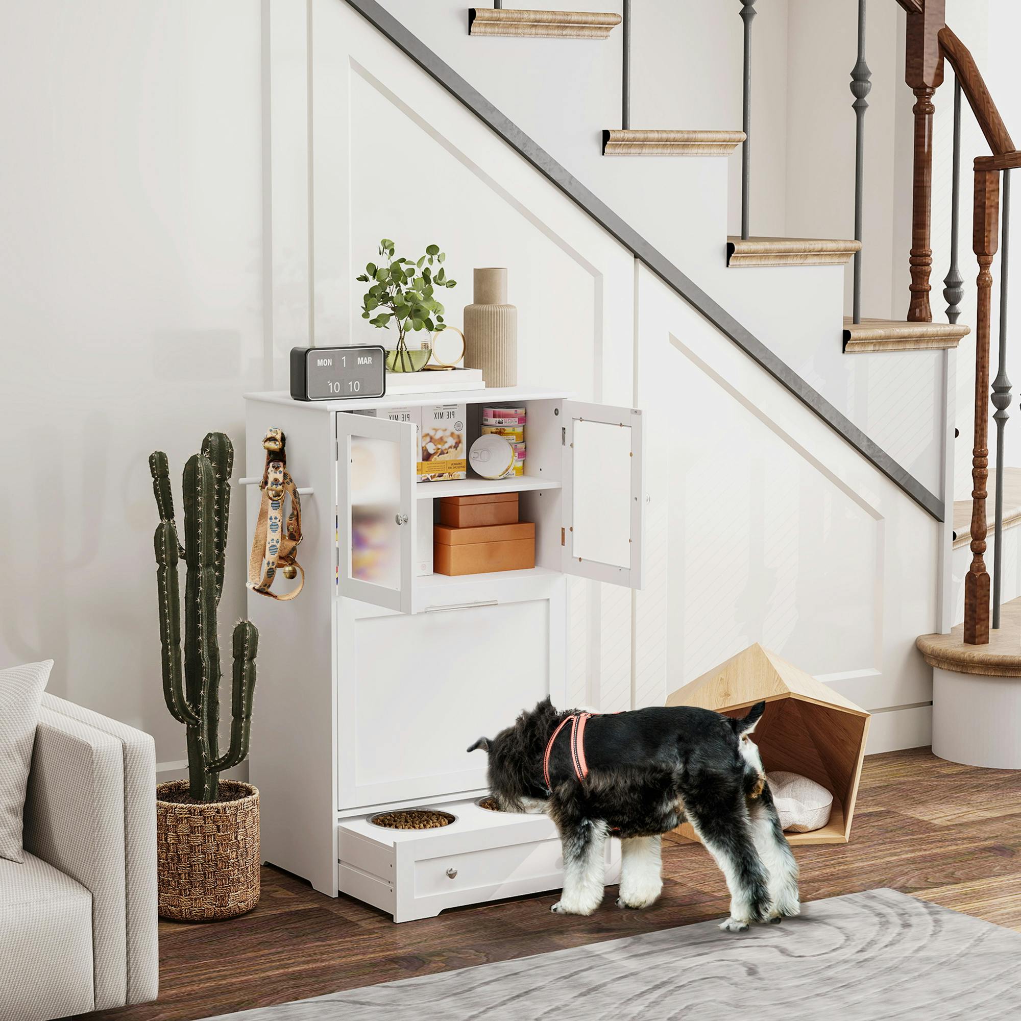Pawhut White Dog Feeding Station With 2 Storage Cabinets, 2 Elevated Bowls, - Mdf, Tempered Glass, Stainless Steel - 1