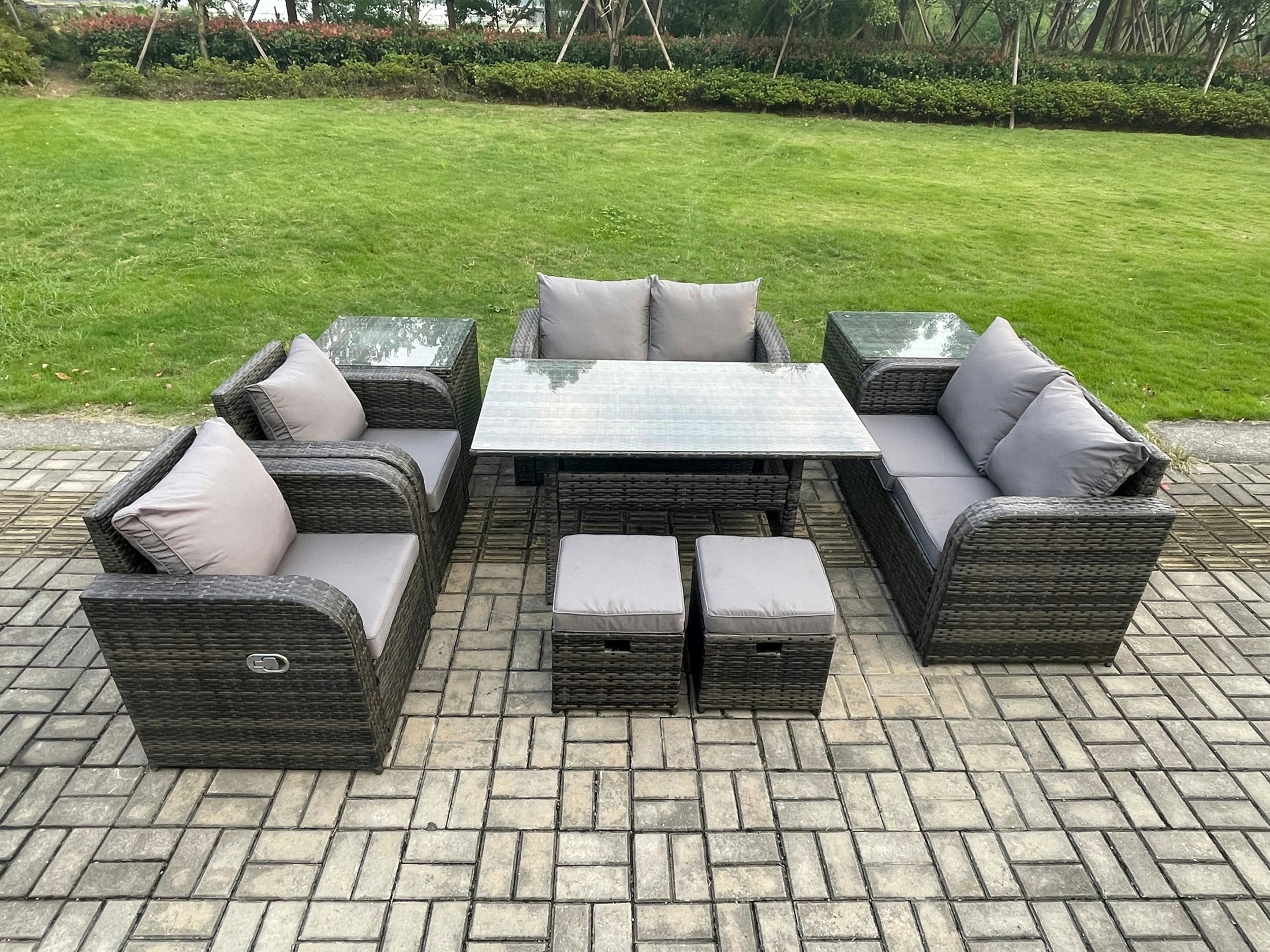 Rackhams Grey 8 Seater Rattan Outdoor Lounge Set - Rectangular Table, Reclining Chairs & 2 Stools & 2 Side Tables