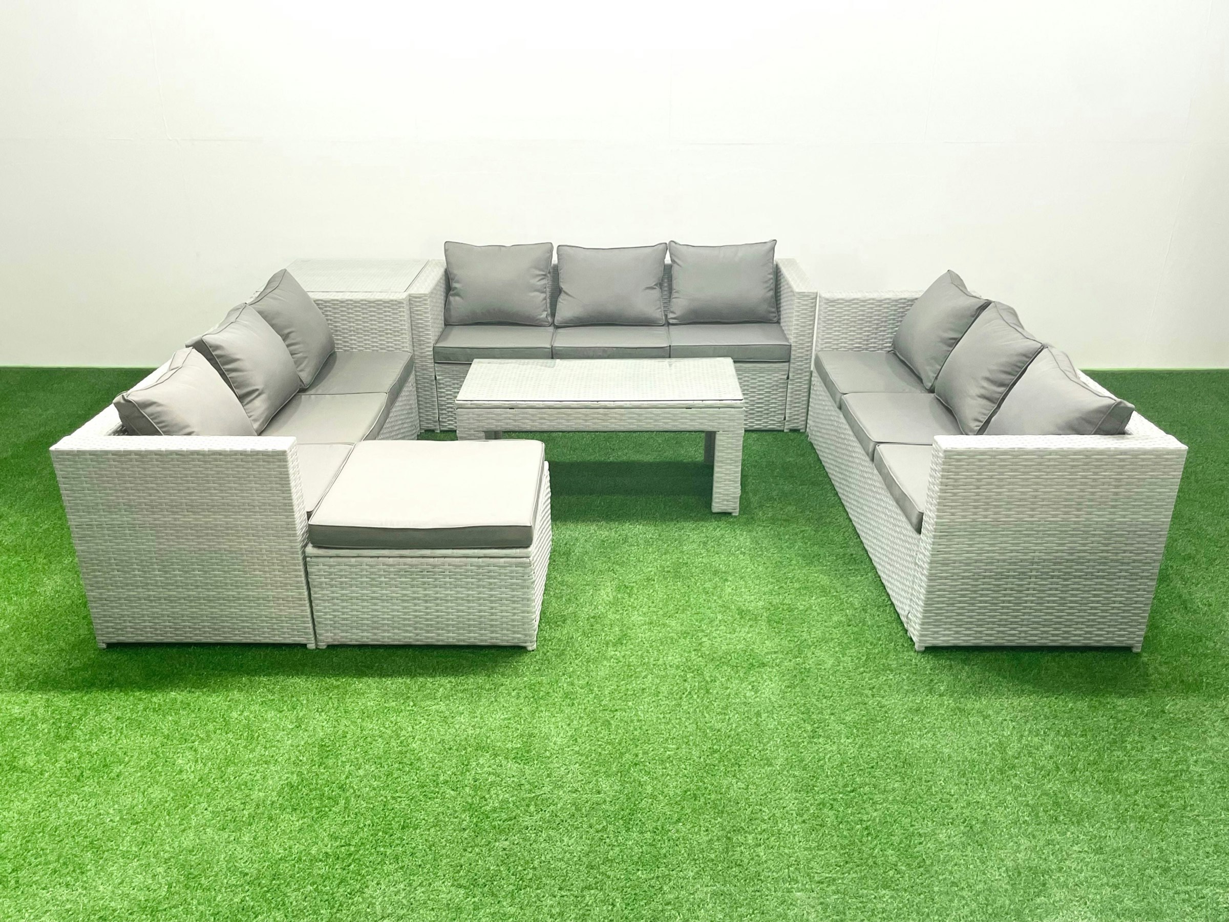 Rackhams Light/Grey Rattan Garden Outdoor Furniture Set 10 Seater Garden Sofa Oblong Coffee Table Set With Big Footstool Side Table Mixed