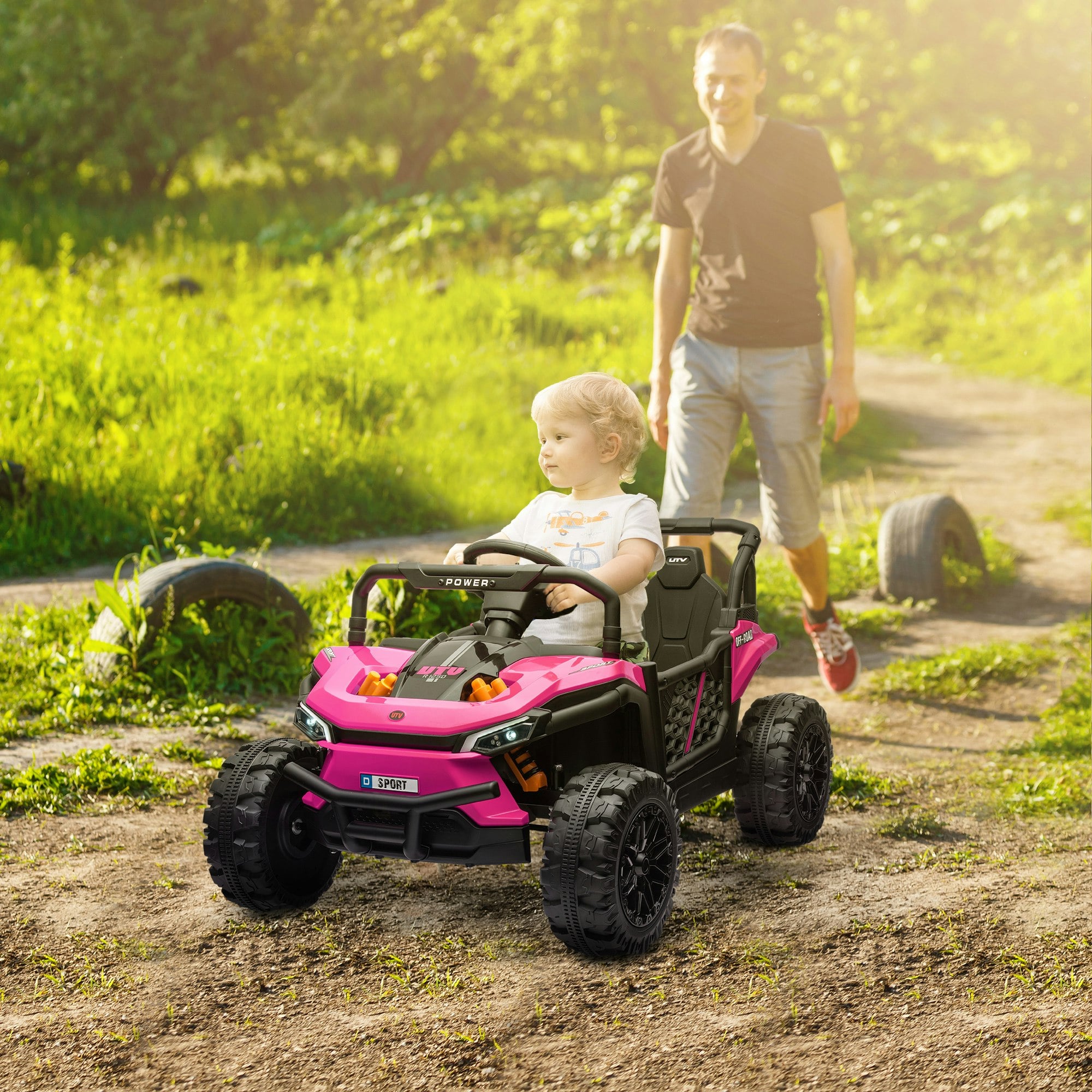 Aiyaplay Pink Kids Ride On Car, 12V Electric Truck W/ Horn, Lights, Usb,