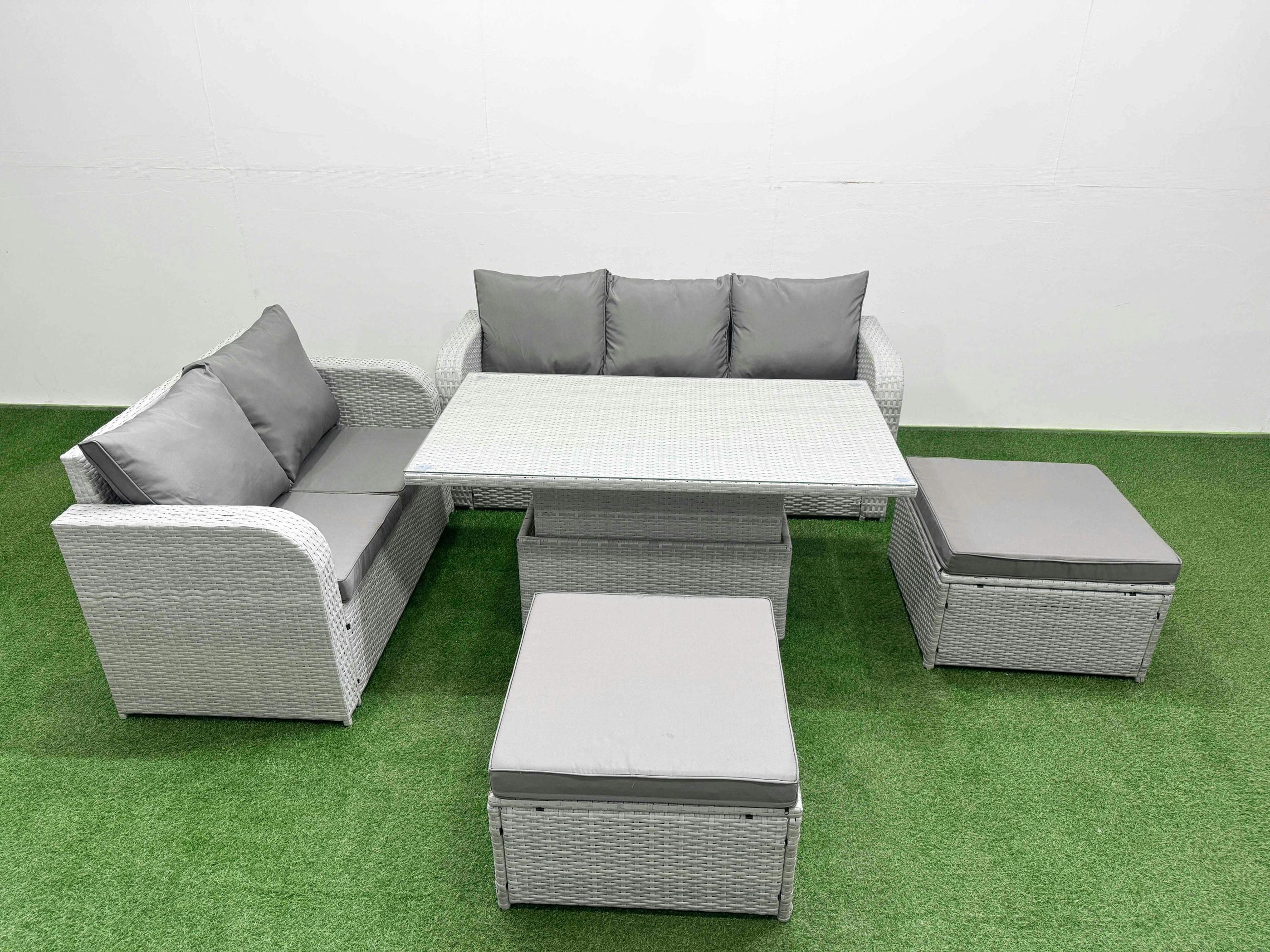Fimous Light/Grey 7 Seater Garden Sofa Set, Pe Rattan Wicker, Adj Height Table, 3 Seater Sofa, Love Sofa And 2 Big Footstools,