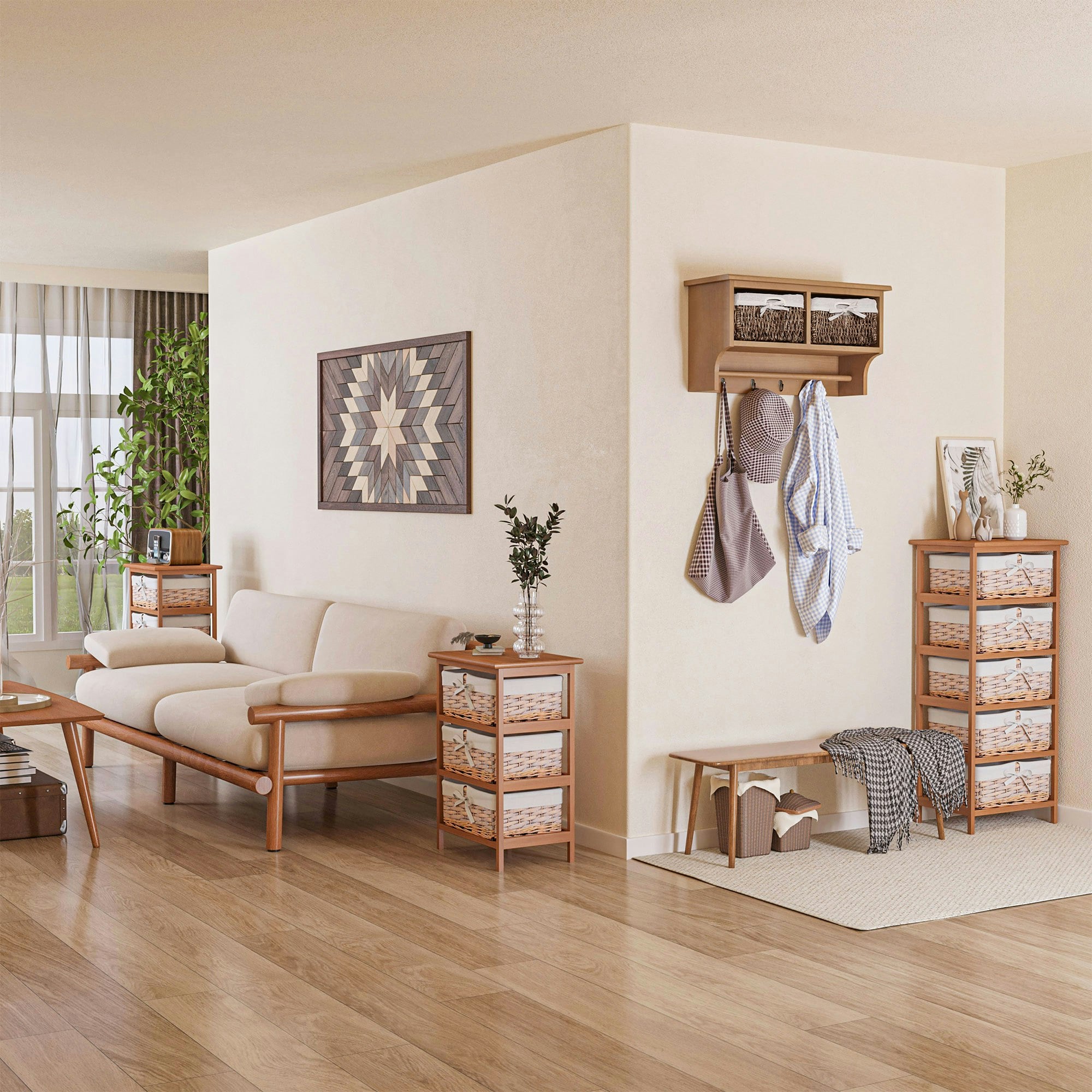 Rackhams Brown Entryway Coat Rack Wall Mounted Shelf Hooks 2 Baskets