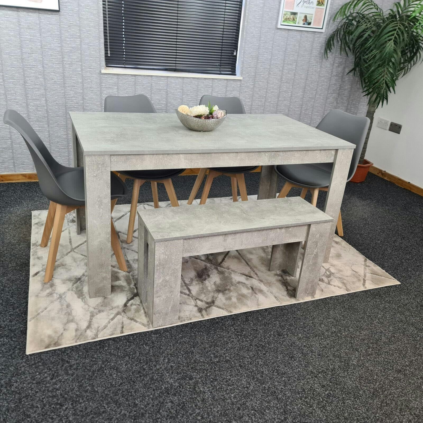 B&Q - Stone Grey Effect Dining Table With Bench And 4 Grey Plastic Chairs Dining Room Furniture Set - Image 6