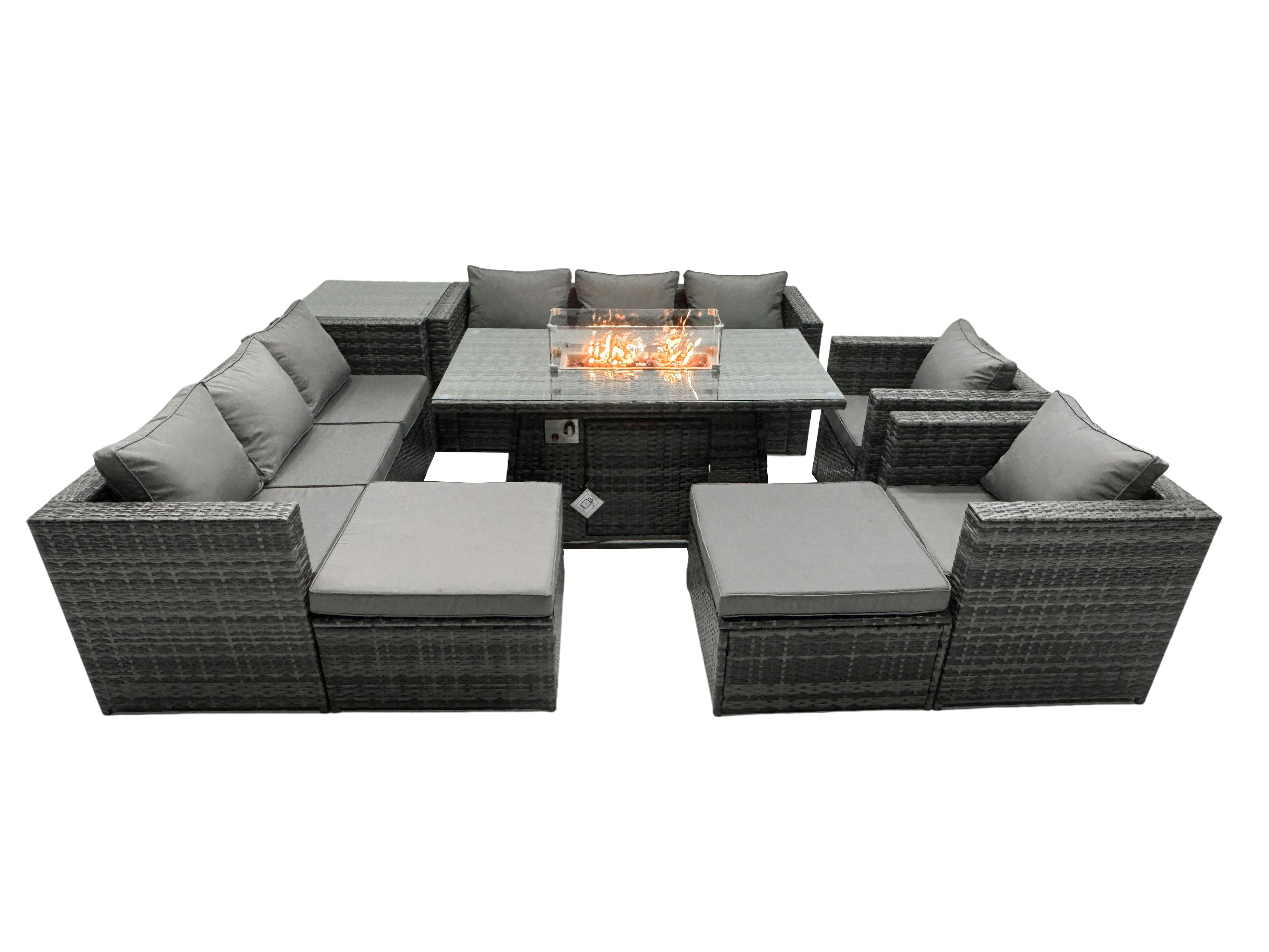 Rackhams Dark/Grey Rattan Garden Furniture Firepit Dining Set Seater Lounge Sofa Table Set With Side Table 2 Big Footstool Size 10