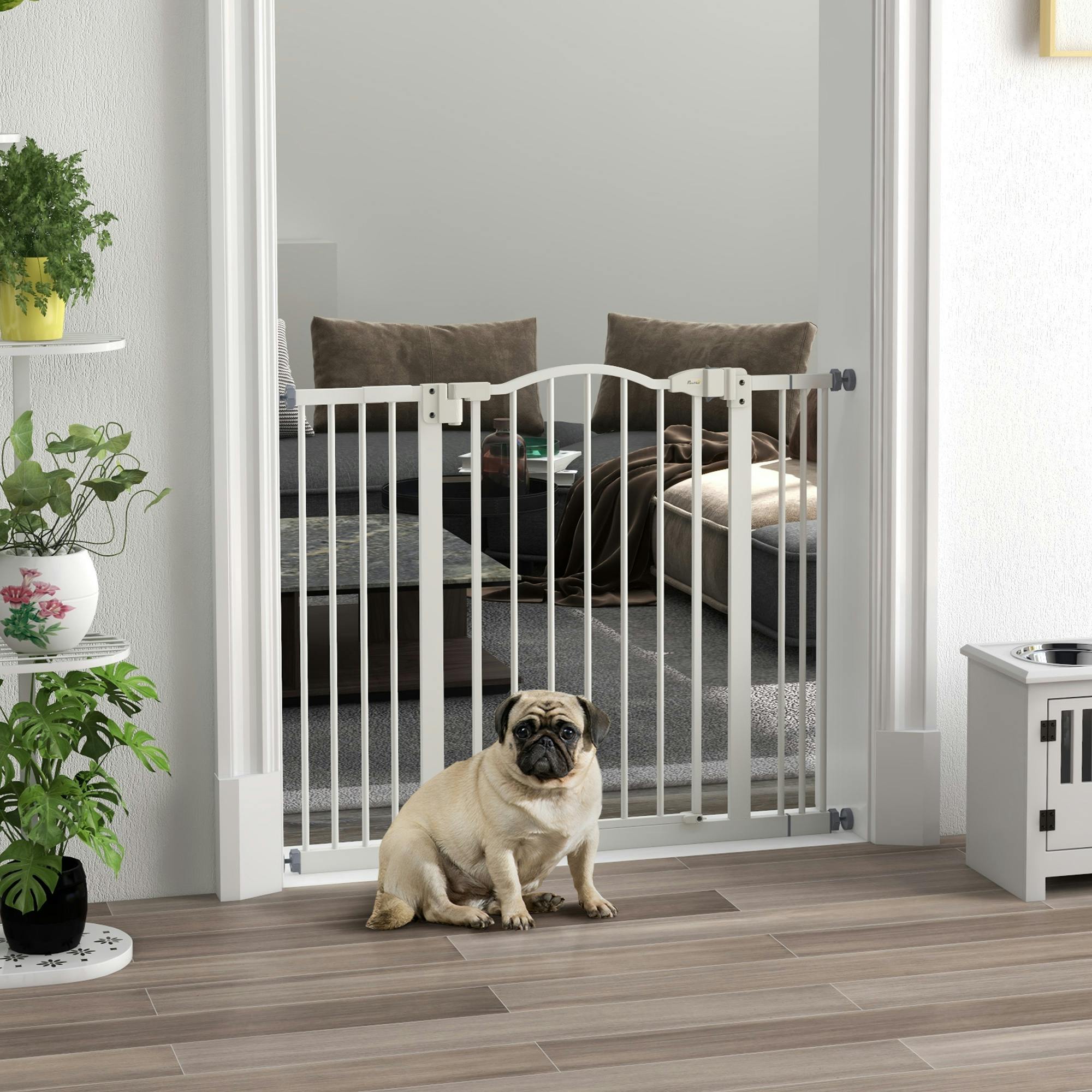 Pawhut White Adjustable Metal Pet Gate Safety Barrier W/ Auto-Close Door - 100 X 3.5 X 78 Cm