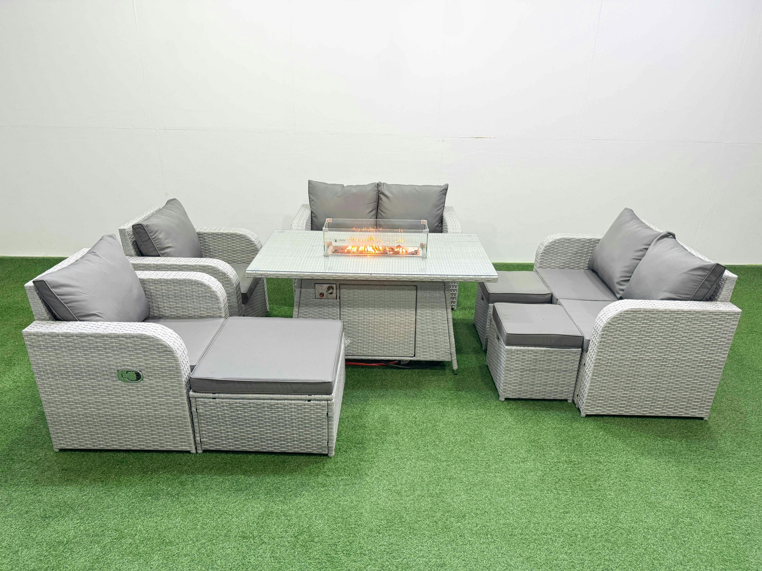 Fimous Light/Grey 9 Seater Outdoor Reclining Chair Love Sofa Set Rattan Garden Furniture Set With Fire Pit Dining Table 3 Stools