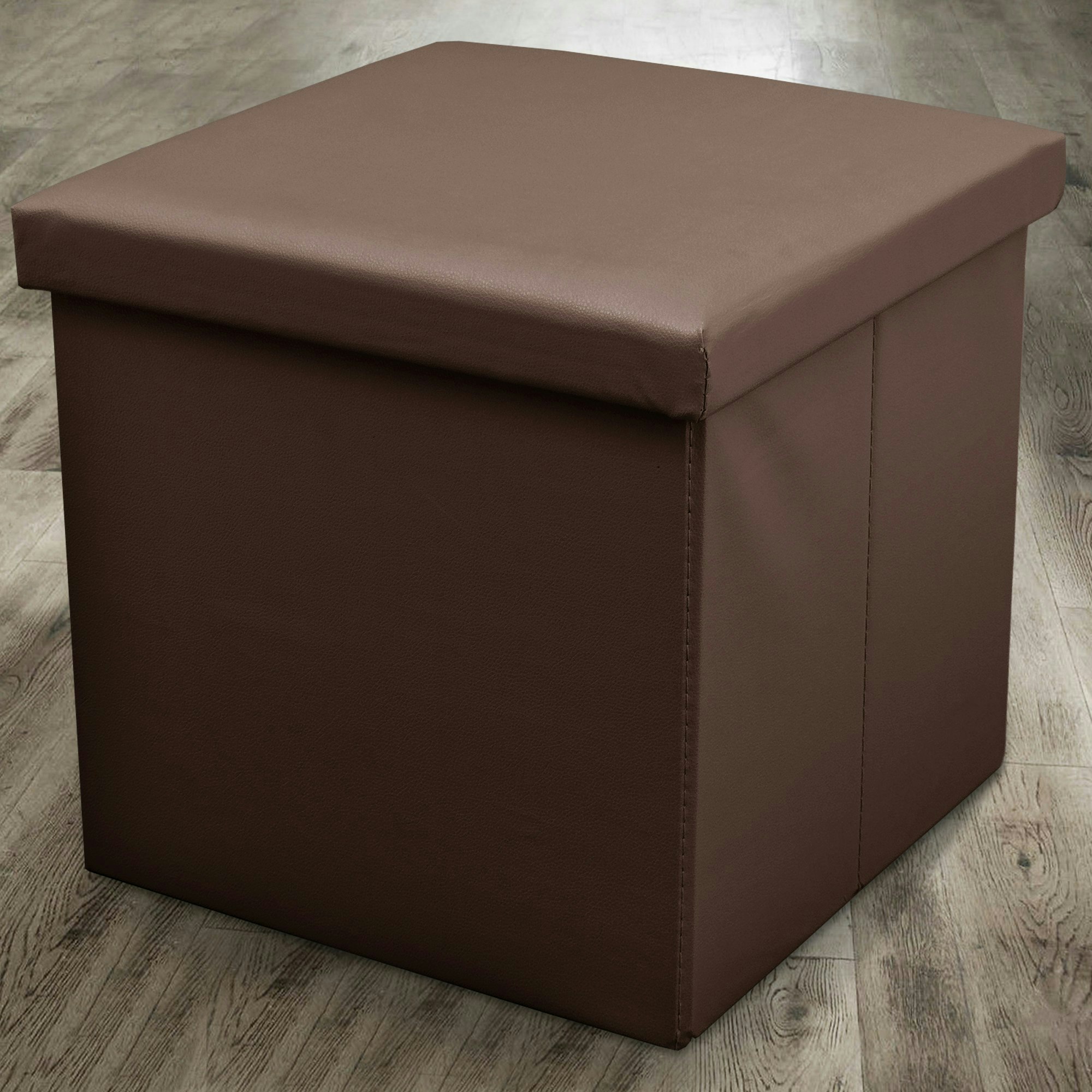 Rackhams Brown Faux Leather Storage Ottoman - 38Cm X 38Cm Foldable