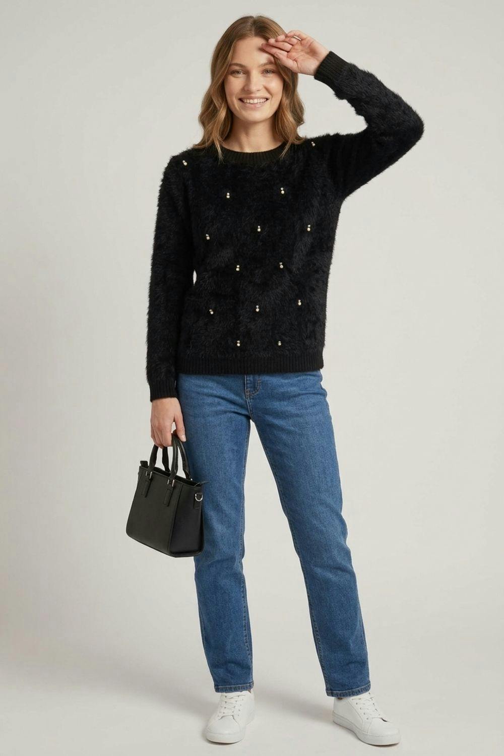 Izabel London Black Pearl Embellished Soft Textured Jumper - M/L