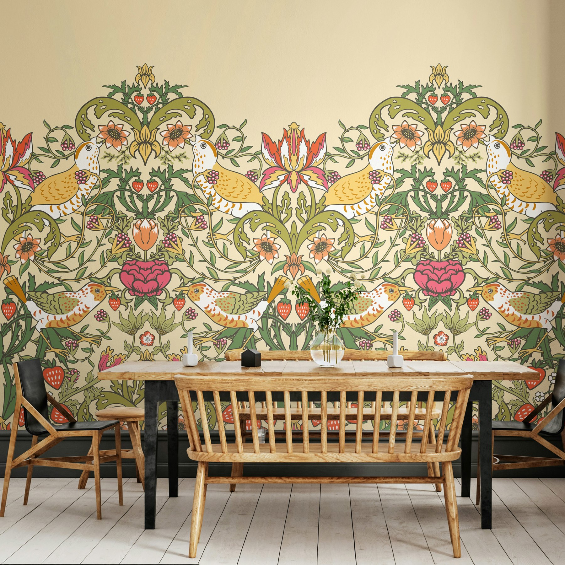 Origin Murals Gold Birds, Fruit And Foliage - And Olive - Large - W350cm X H280cm