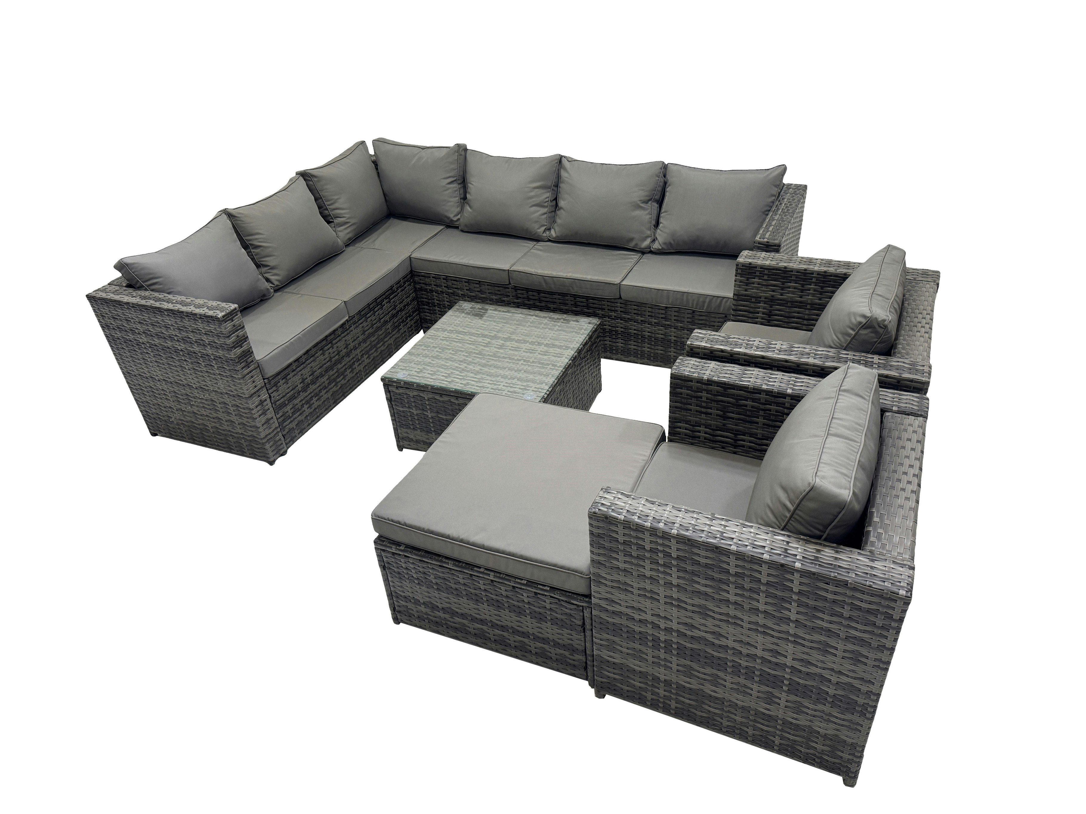 Fimous Dark/Grey Rattan Garden Furniture Patio Furniture Sets With Corner Sofa Square Coffee Table Big Stool Mixed