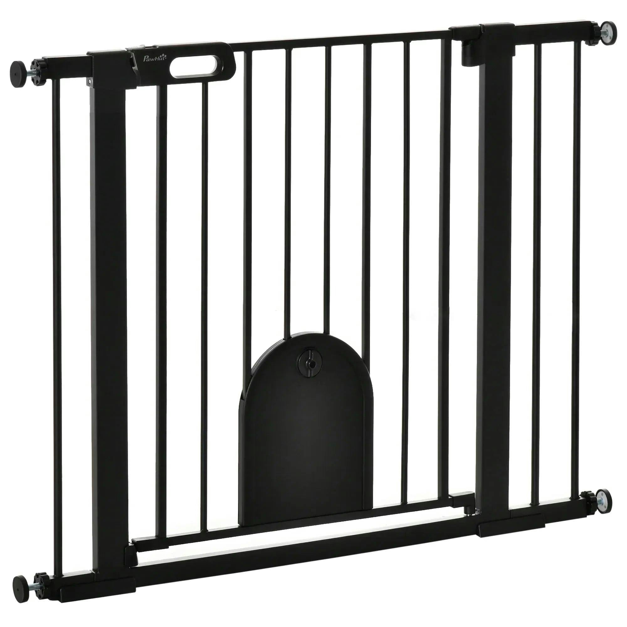 Pawhut Unisex Black Dog Gate With Cat Flap Pet Safety Gate Barrier, Stair Pressure Fit - Image 8