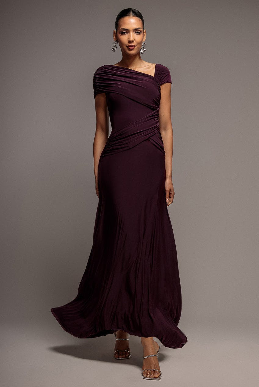 Goddiva Burgundy Asymmetric Neck Gathered Waist Maxi Dress - By - 14