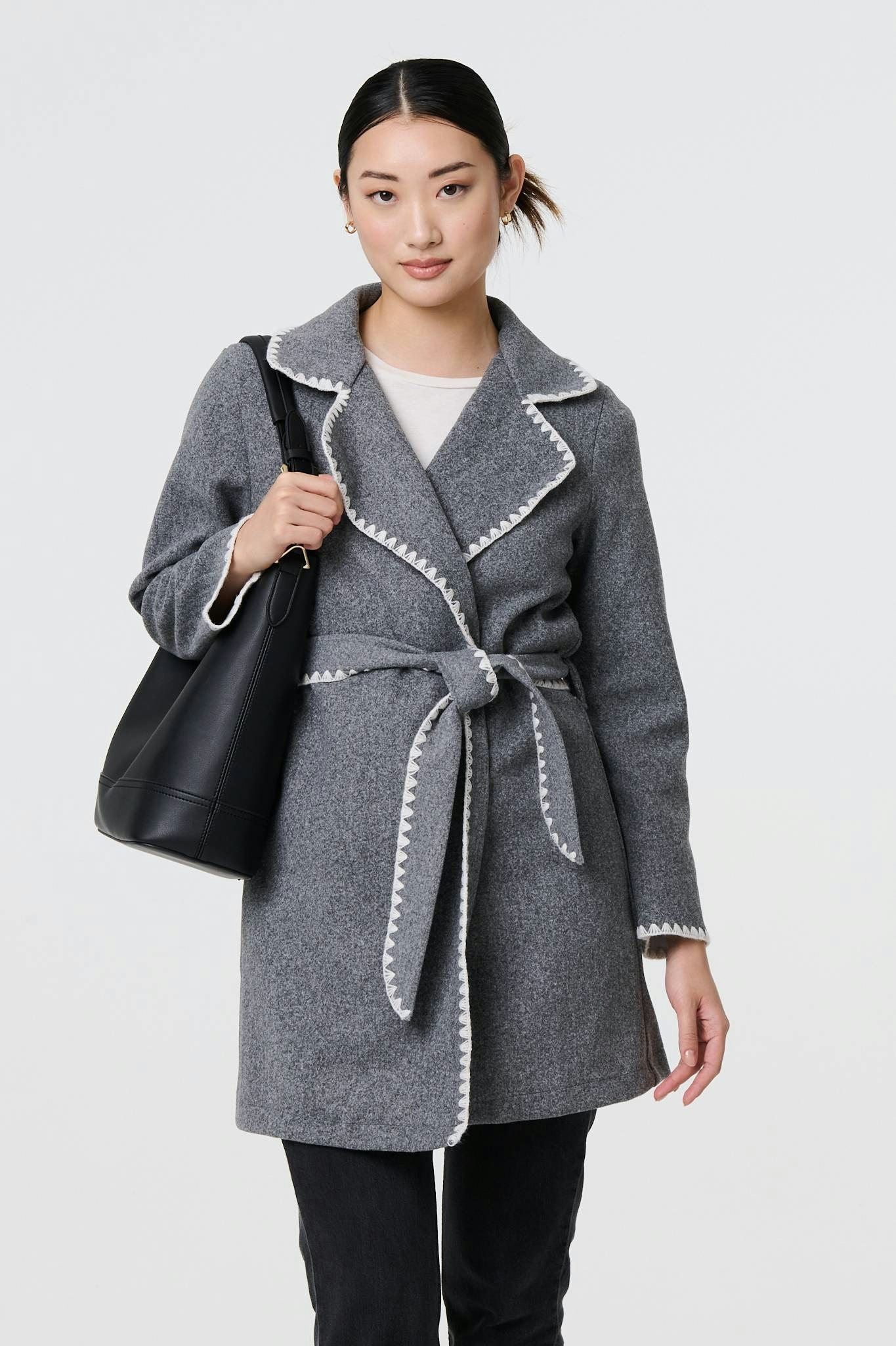 Izabel London Grey Blanket Stitch Coat With Belt - Xl