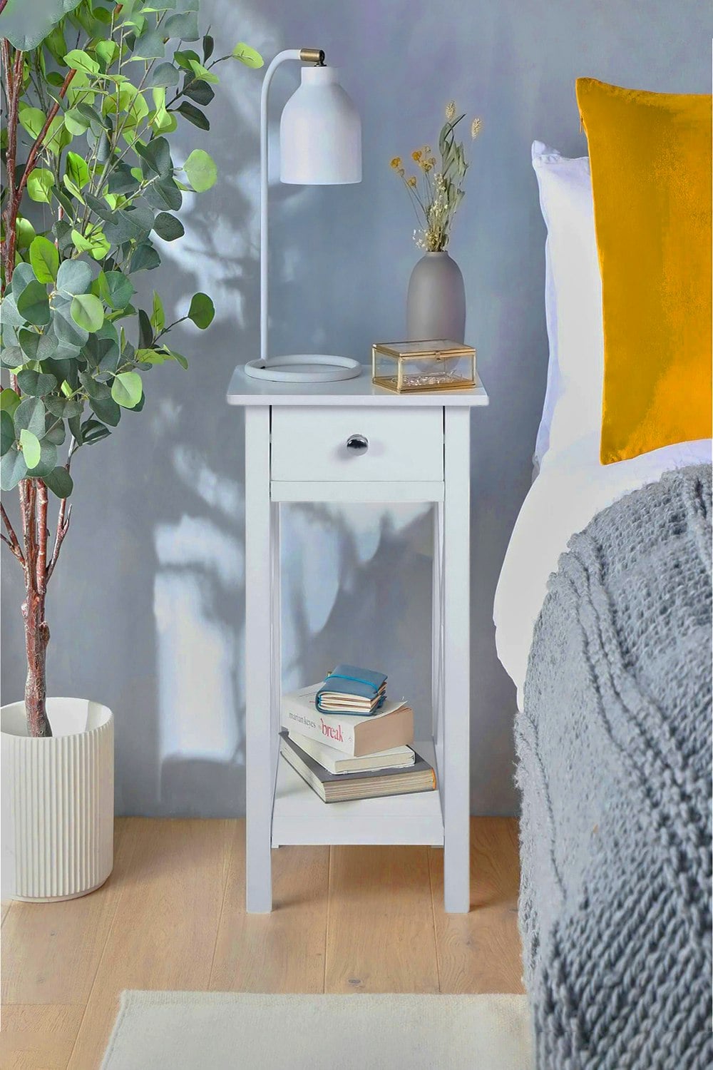 Rackhams White One Drawer Wooden Slim Side Table Nightstanding Bed Sofa Side Storage Drawer With Shelf