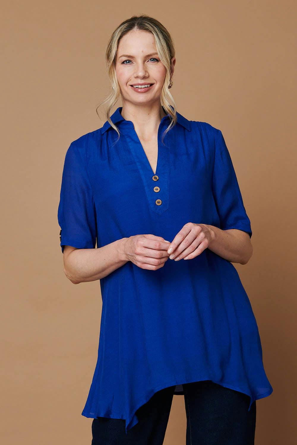 Izabel London Blue Semi Sheer Layer Collared Tunic Blouse - 10