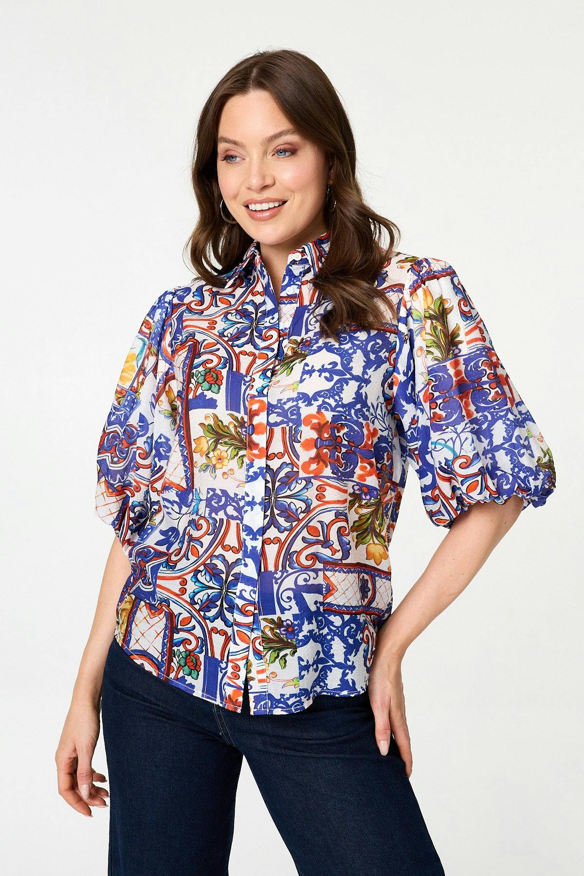 Izabel London White Abstract 1/2 Puff Sleeve Boxy Shirt - 8
