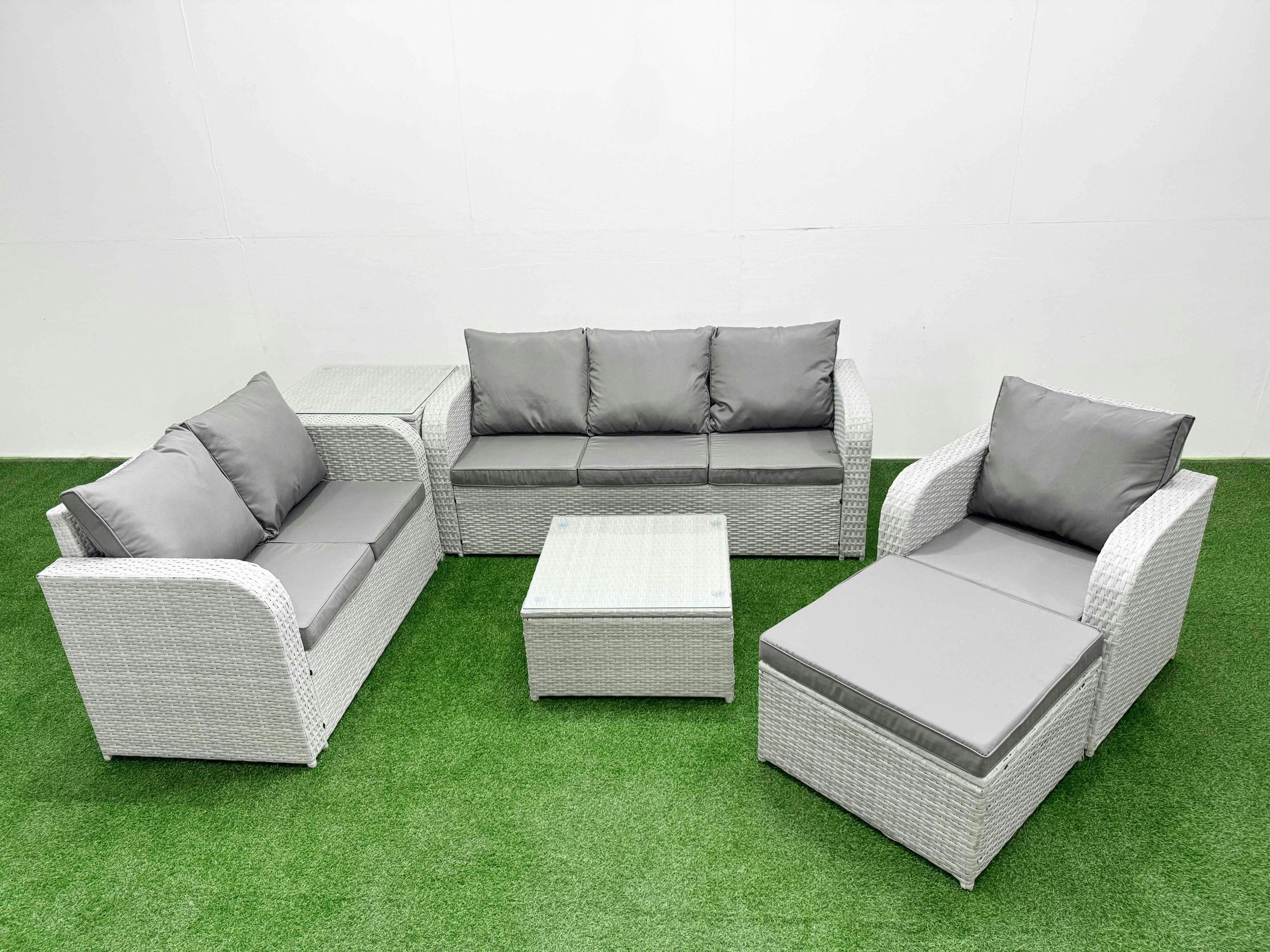 Rackhams Light/Grey 7 Seater Patio Sofa Set, Pe Rattan, Square Coffee Table, Reclining Chair, Loveseat, 3 Seater Sofa, Big Footstool & Side Table,