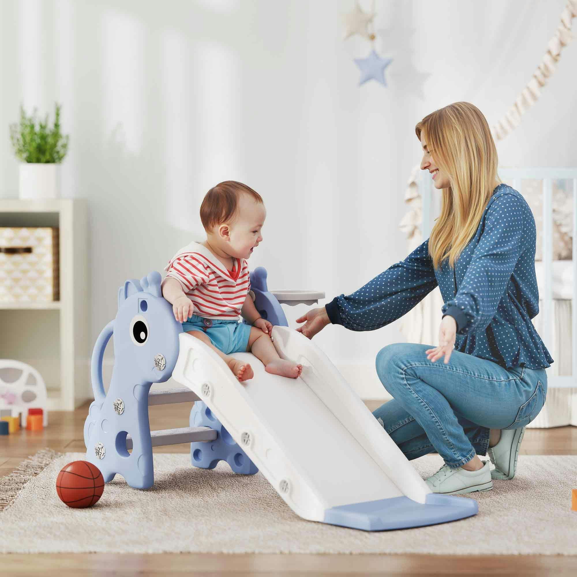 Bobobiy Blue 3 In 1 Kids Slide With Climber, Basketball Hoop And Ball, Giraffe Shape Climber Slide For Indoor Kids Age 1-3, - Image 9