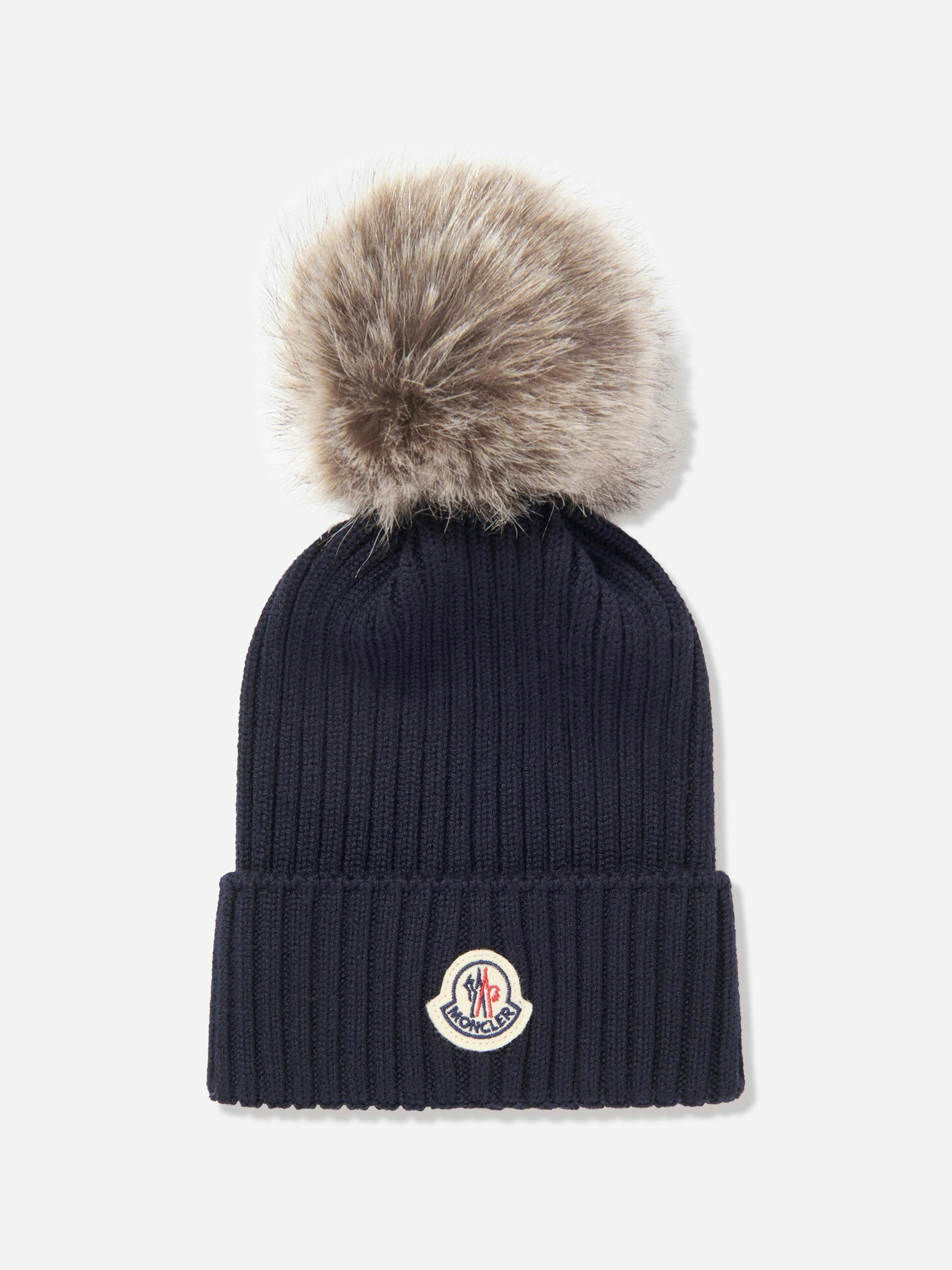 Moncler Enfant Girls Blue Knitted Pom Pom Hat In Navy - L (12 - 14 Yrs)