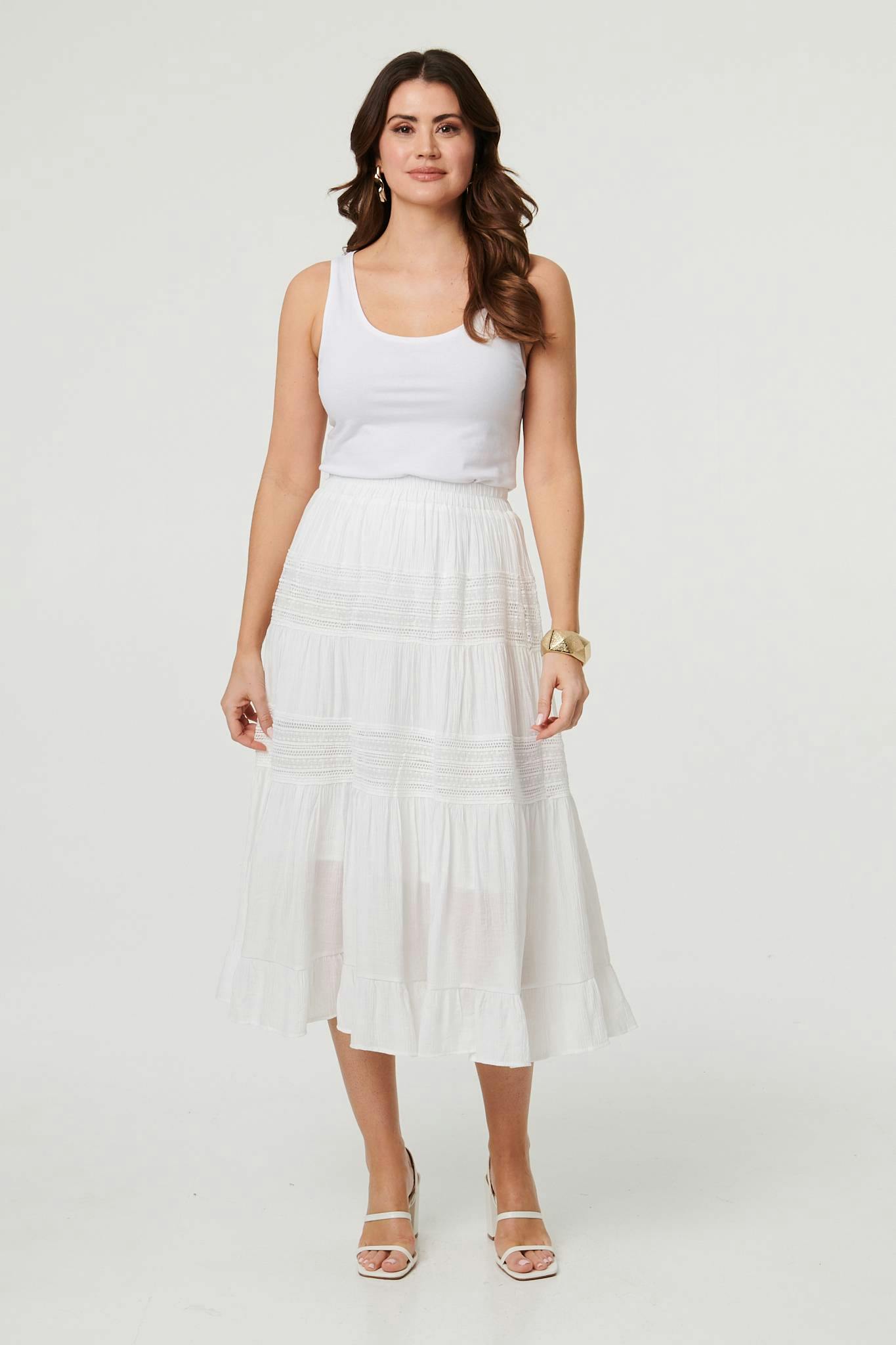 Izabel London White High Waist Lace Tiered Midi Skirt - 14