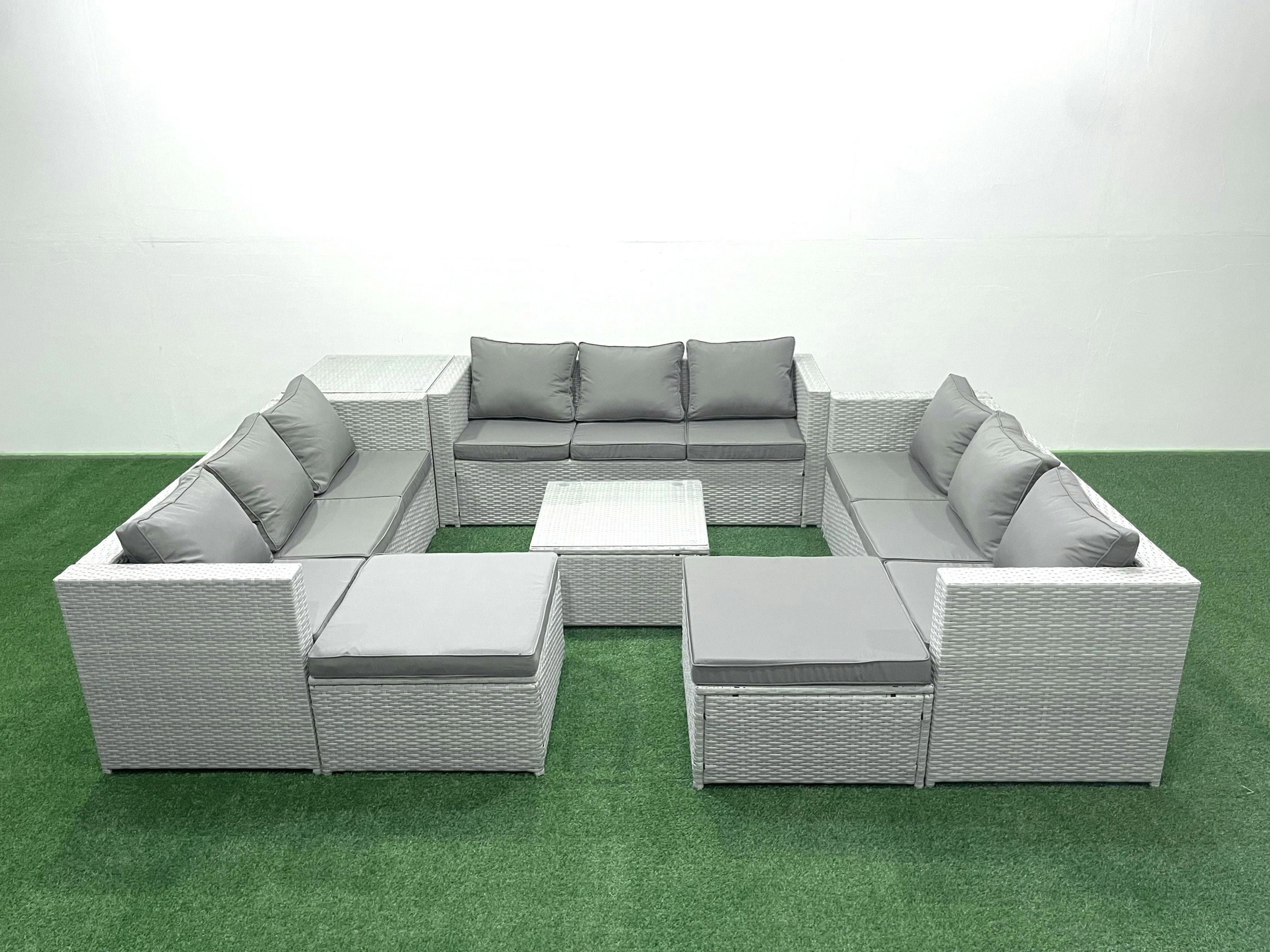 Fimous Light/Grey Rattan Garden Outdoor Furniture Set 11 Seater Rattan Garden Sofa Set With 2 Big Footstools Side Table Mixed