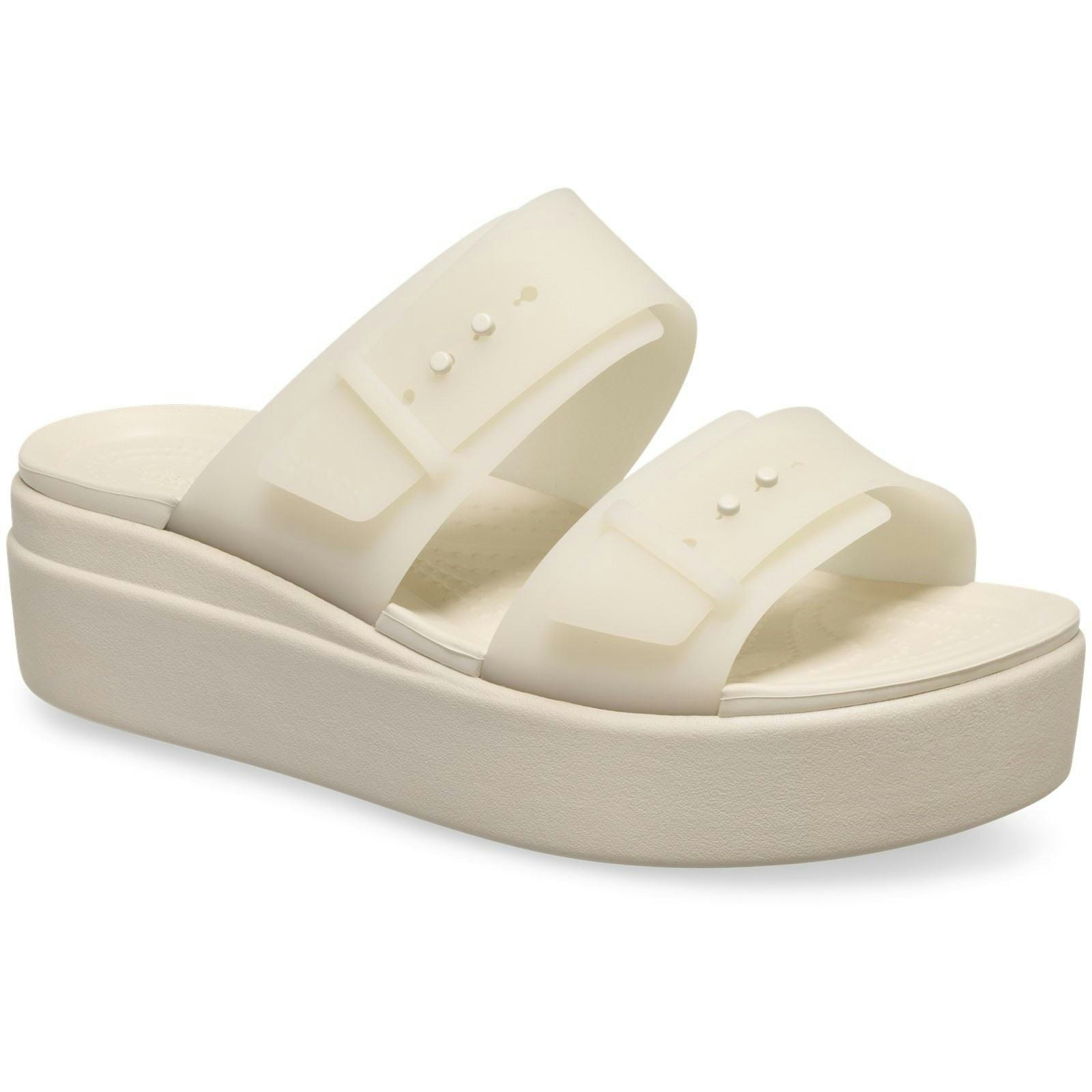 Crocs Women's White Brooklyn Buckle Low Wedge Sandstone Sandals - Size 7