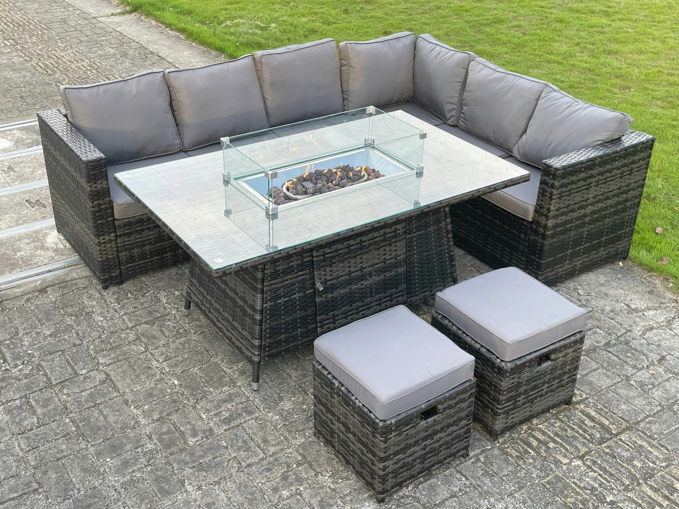 Rackhams Dark/Grey Outdoor Rattan Garden Corner Furniture Gas Fire Pit Table Sets Gas Heater Lounge Footstools Mixed 8 Seater Small