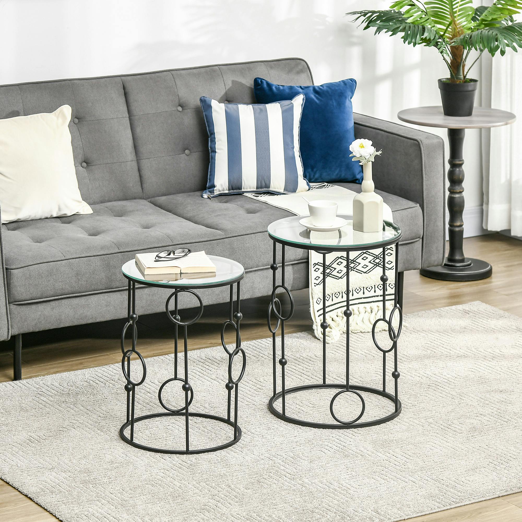 Rackhams Black Set Of 2 Nesting Coffee Table, Side Tables With Glass Top, - Tempered Glass