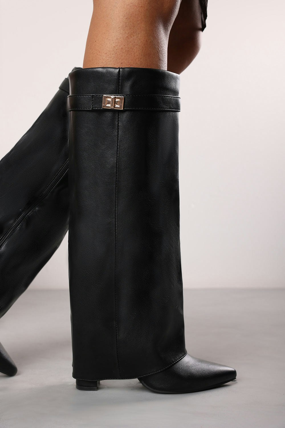 Where's That From Black Keira Wrap-Over Knee High Block Heel Boots In Faux Leather - Size 3