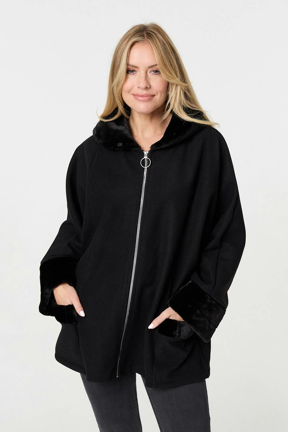 Izabel London Black Faux Fur Trim Zip-Up Relaxed Jacket - M/L