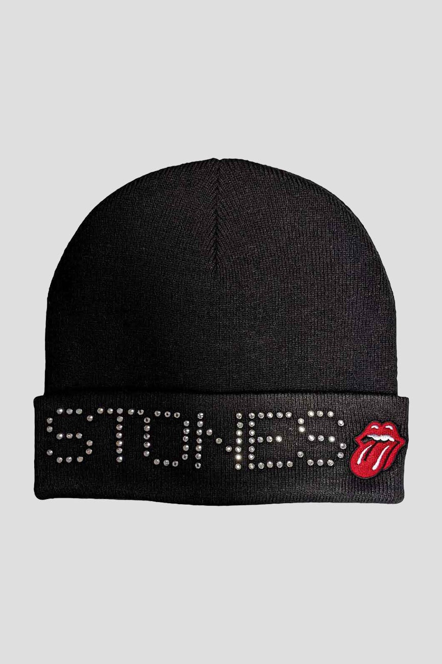 Paradiso Clothing Unisex Black The Rolling Stones Embellished Logo Beanie Hat - One Size