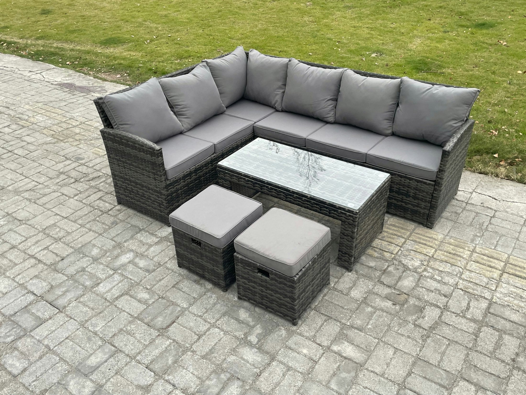 Fimous Dark/Grey 8 Seater Outdoor Rattan Garden Furniture Set Corner Sofa Oblong Coffee Table Sets With Patio 2 Small Footstools Mixed