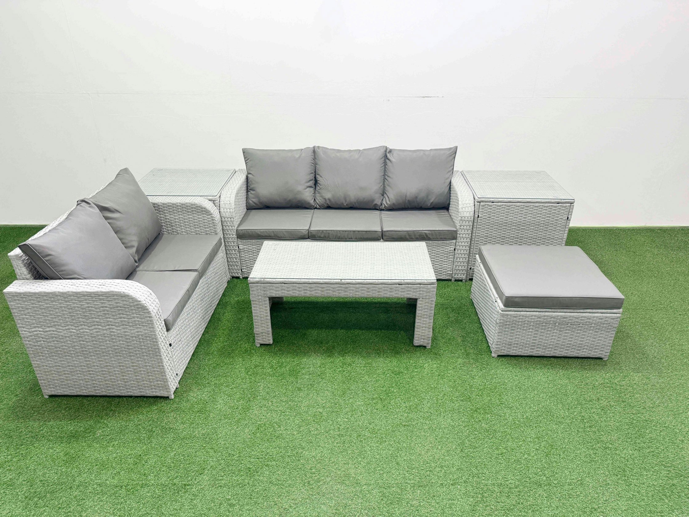 Rackhams Light/Grey/Dark 6-Seater Pe Rattan Outdoor Sofa Set | Oblong Coffee Table, 3-Seater Sofa, Loveseat, Footstool, 2 Side Tables Large