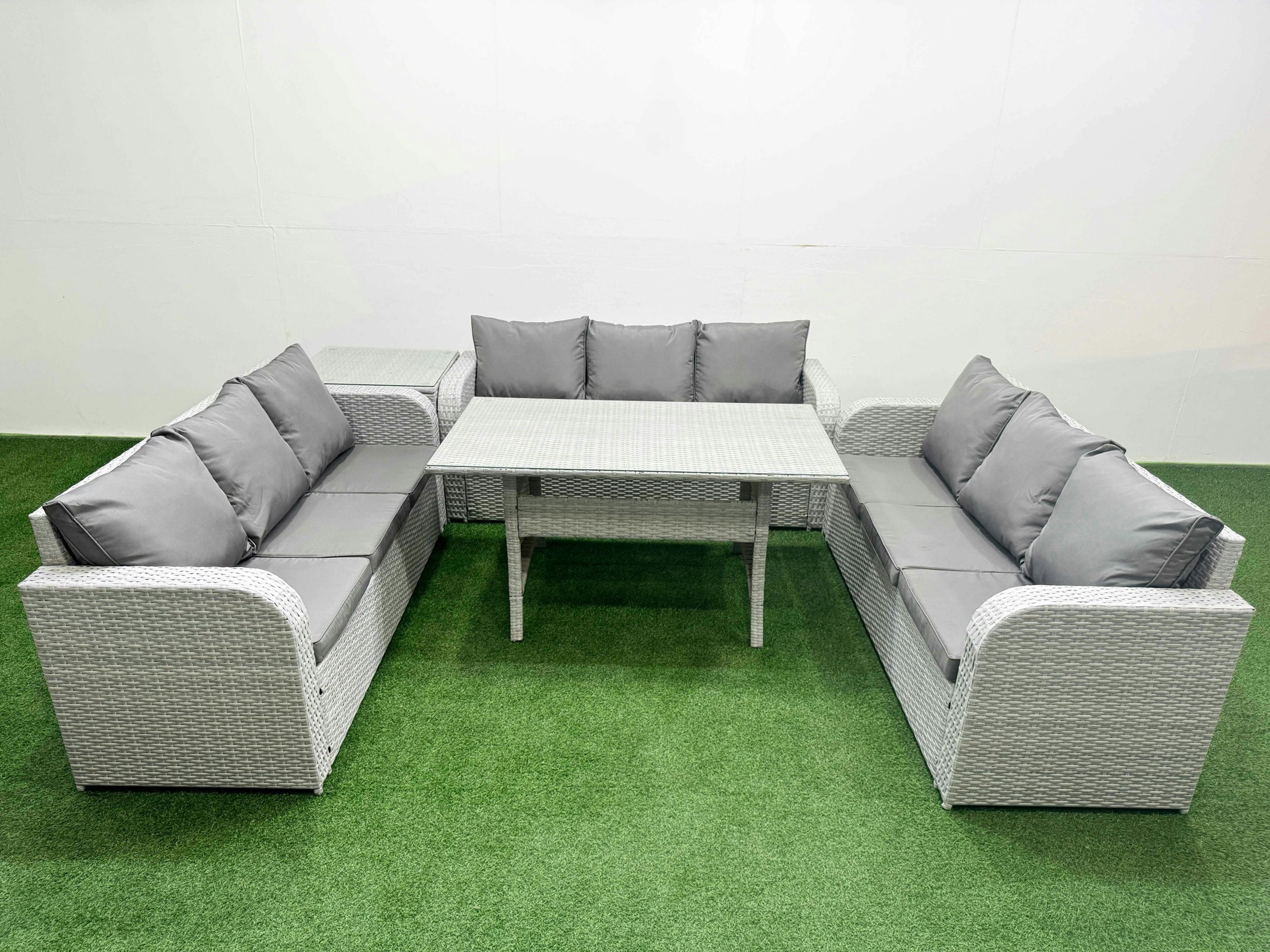 Rackhams Light/Grey Pe Rattan Lounge Sofa Set 9 Seater Outdoor Garden Furniture Set With Rectangular Dining Table 3 Seater Sofa Side Table