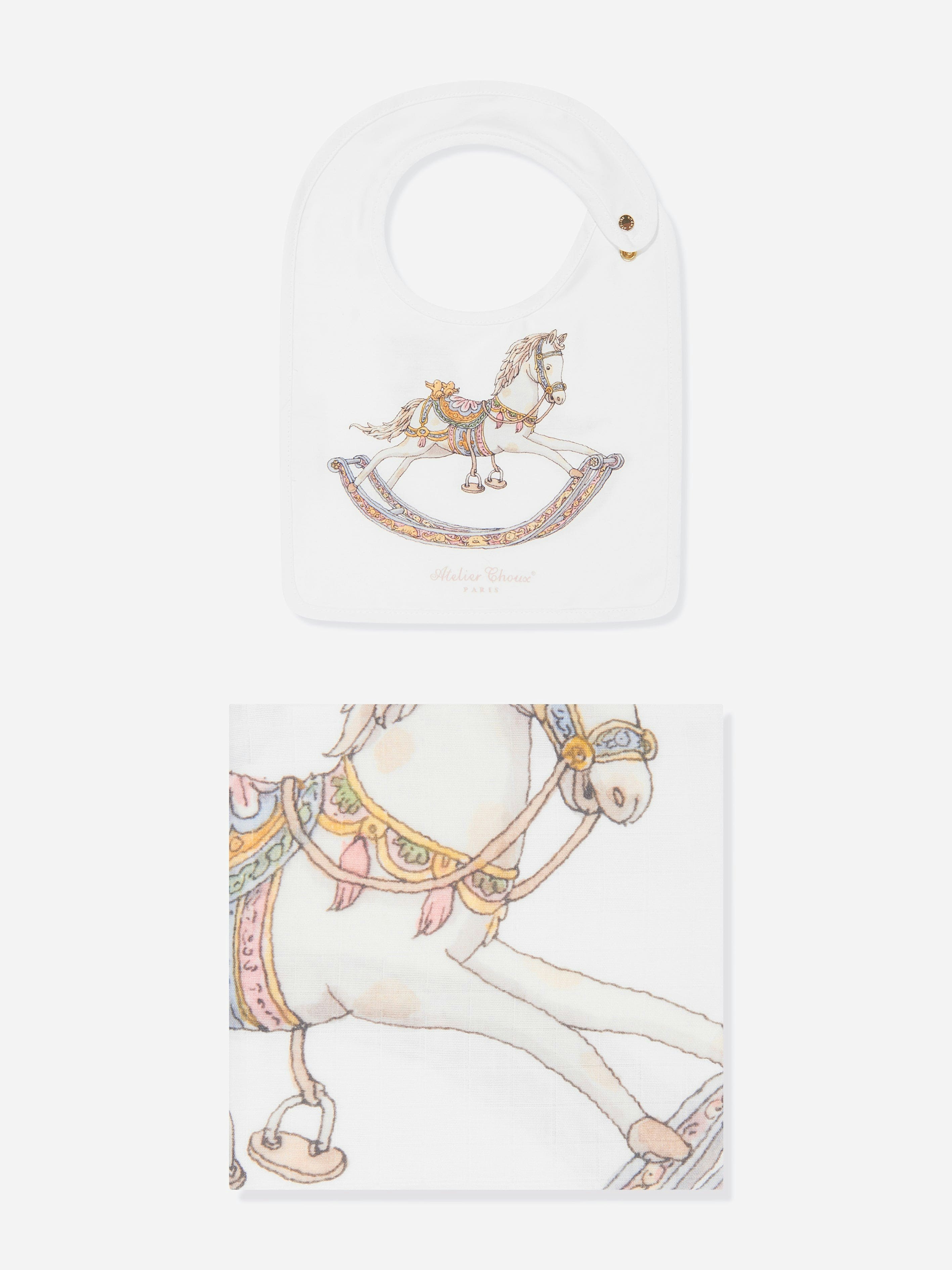 Atelier Choux White Baby Rocking Horse Swaddle And Satin Bib Gift Set In - One Size