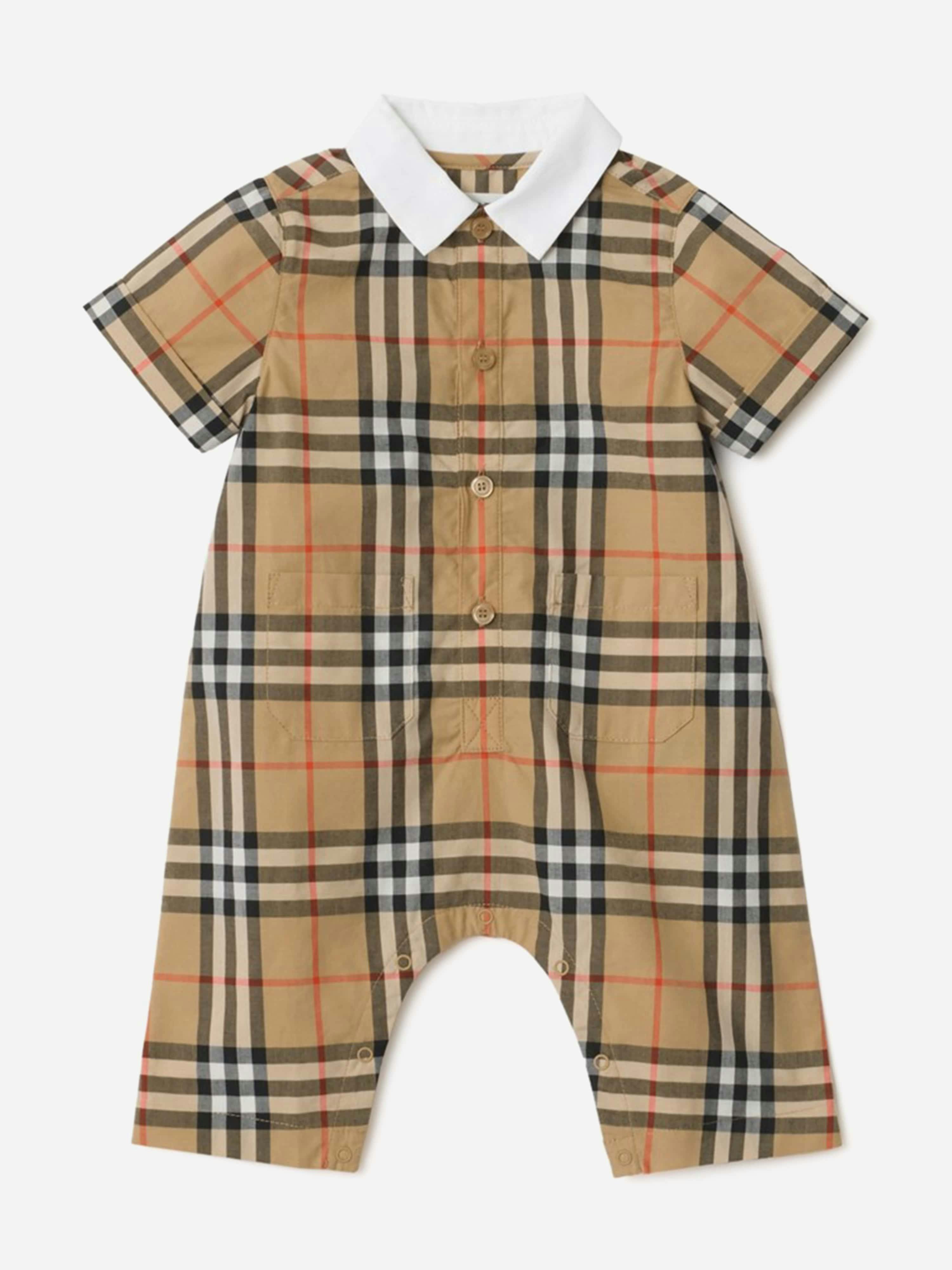 Burberry Kids Boys Beige Burberry Baby Andreas Check Cotton Romper In - Camel - 3 Mths