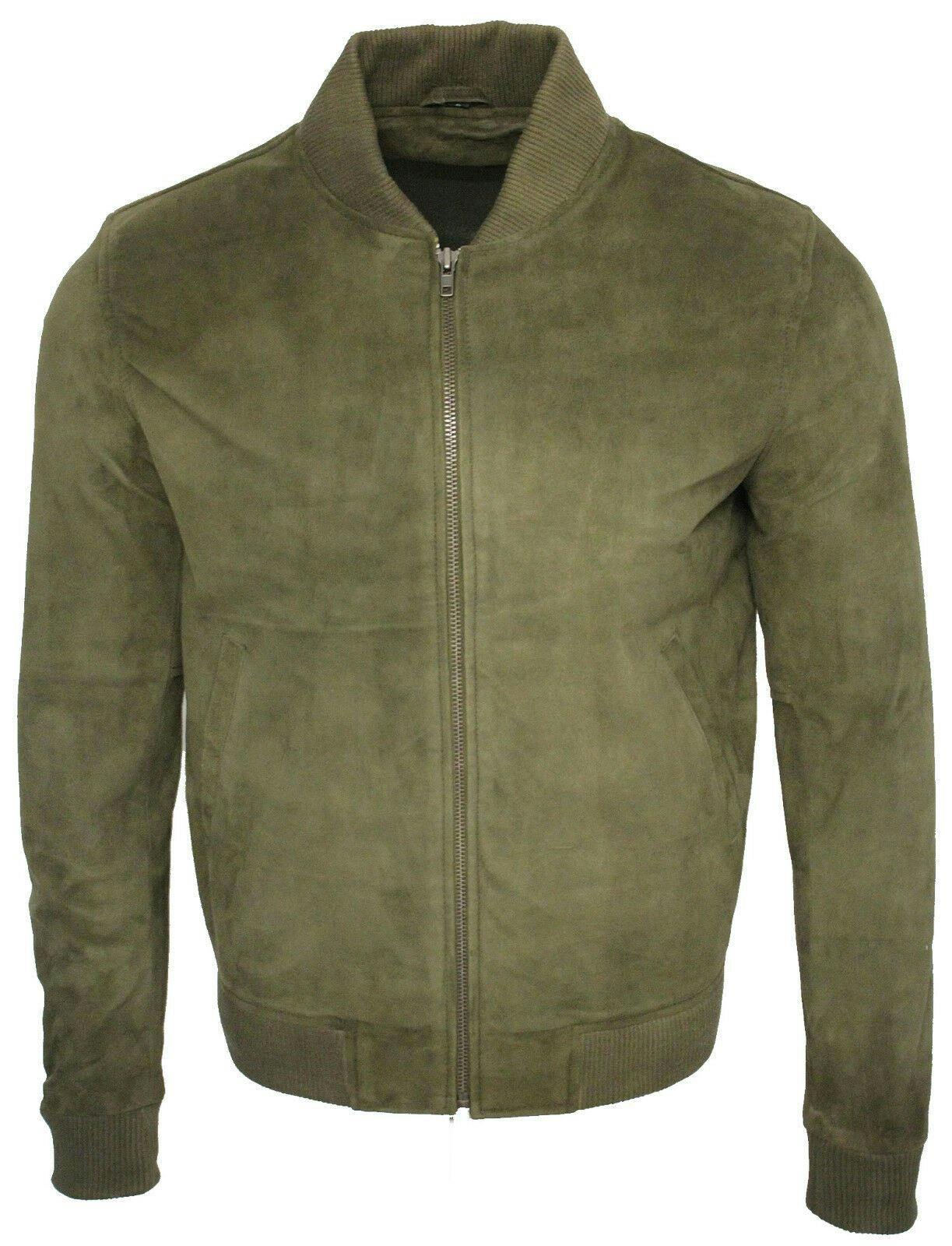 Infinity Leather Men's Green Varsity Soft Suede Leather Bomber Jacket - Uk 4XL | Eu 58 | Us 48