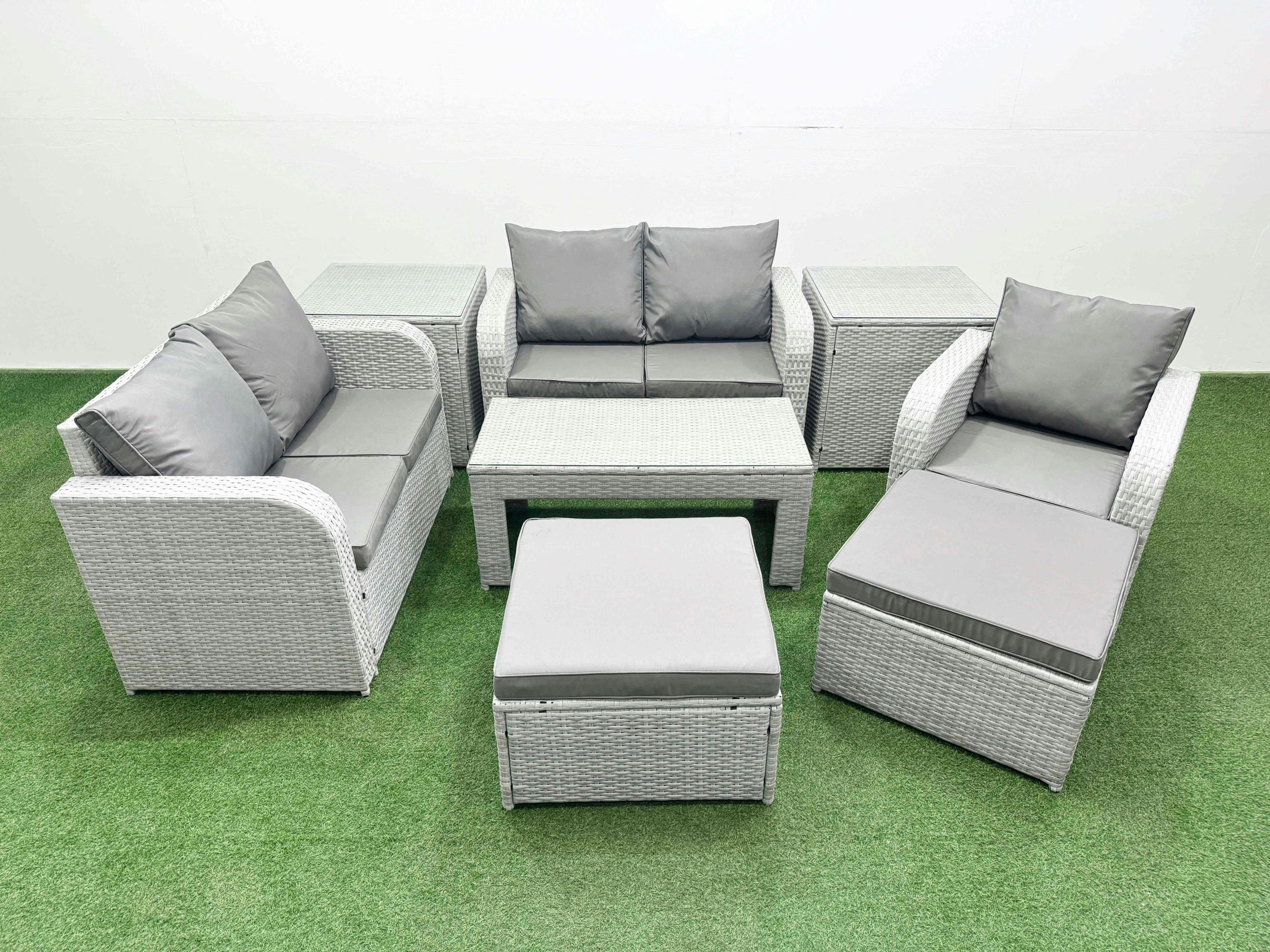 Fimous Light/Grey 2 Big Stool Outdoor Set, High Back Poly Rattan, Reclining Loveseat, Oblong Coffee Table And 2 Side Tables,