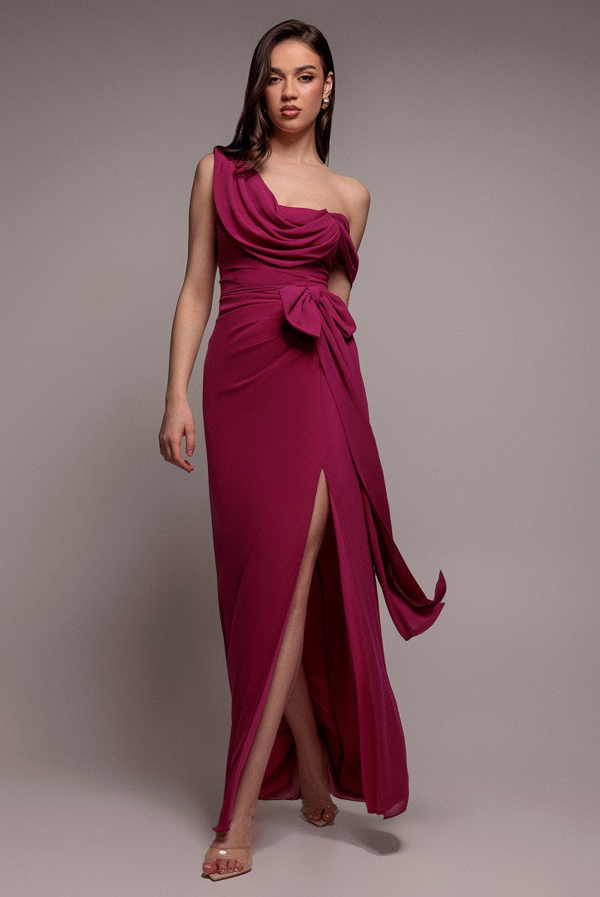 Goddiva Magenta One Shoulder Cowl With Bow Detail Maxi Dress - By - 10