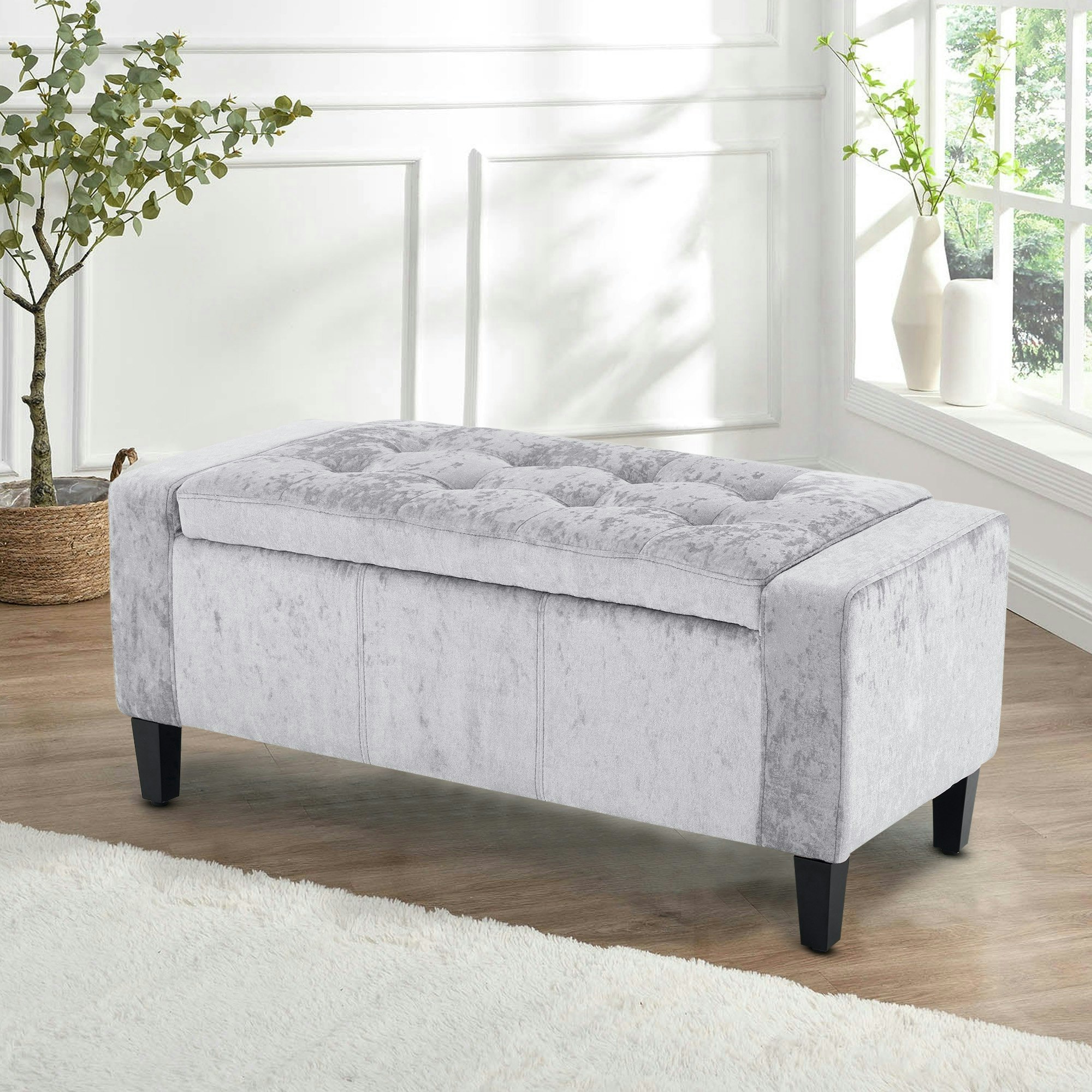 Rackhams Silver Crushed Velver Storage Ottoman Bench - 92Cm X 40Cm